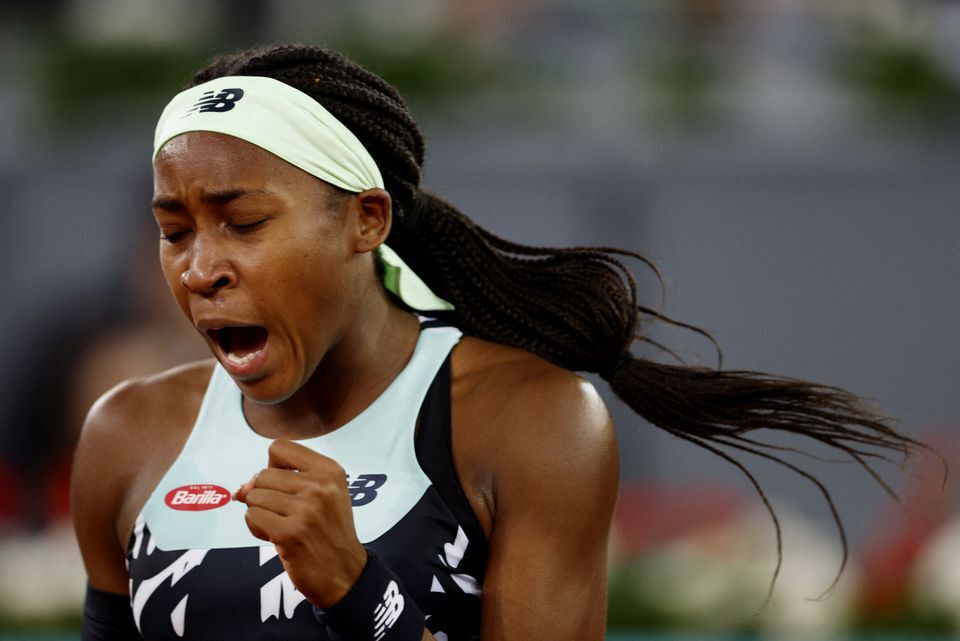 Coco Gauff of the U.S. reacts during her third round match against Romania's Simona Halep at Caja Magica, Madrid, Spain on May 2, 2022.