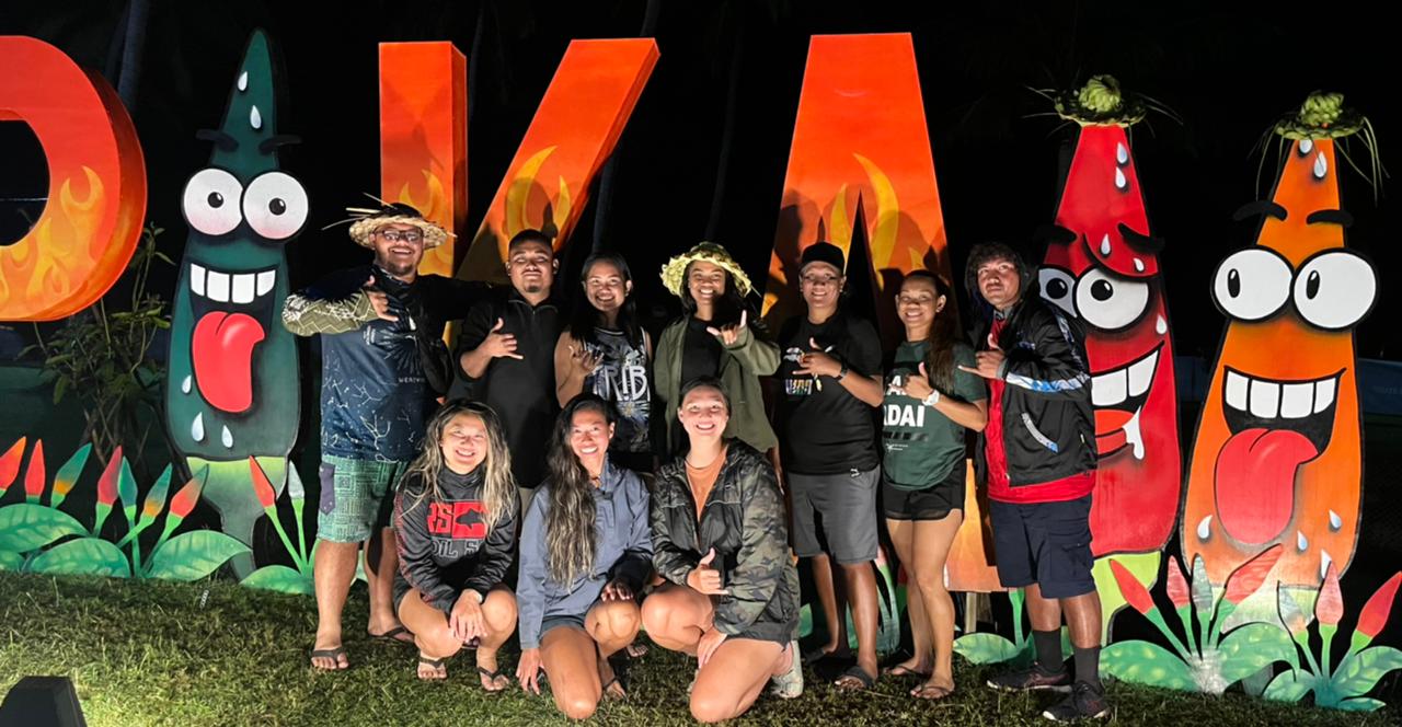 500 Sails Sailors in Tinian enjoying an evening at the Pika Festival 2022 after a challenging voyage from Saipan. From left, top row: Andrew Roberto, Brandy Onopwy, Angelika Narvaez, Liamwar "Lia" Rangamar, Concepcion "Connie" Camacho, April Repeki, Beouch Ngirchongor. Bottom: Jenny Chhea, Marjorie Atalig-Daria, and Marley Partain.