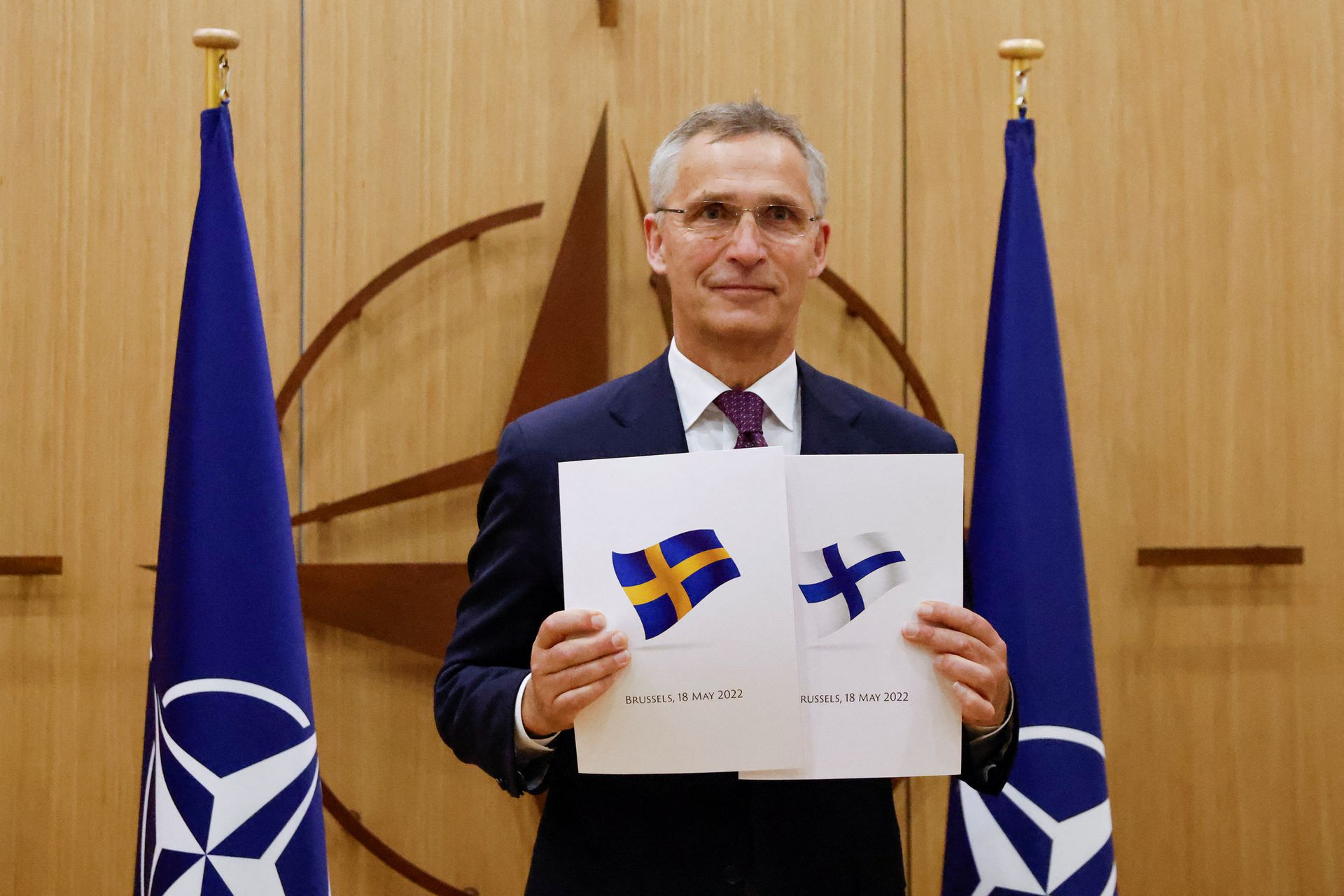 NATO Secretary-General Jens Stoltenberg attends a ceremony to mark Sweden's and Finland's application for membership in Brussels, Belgium, May 18, 2022.