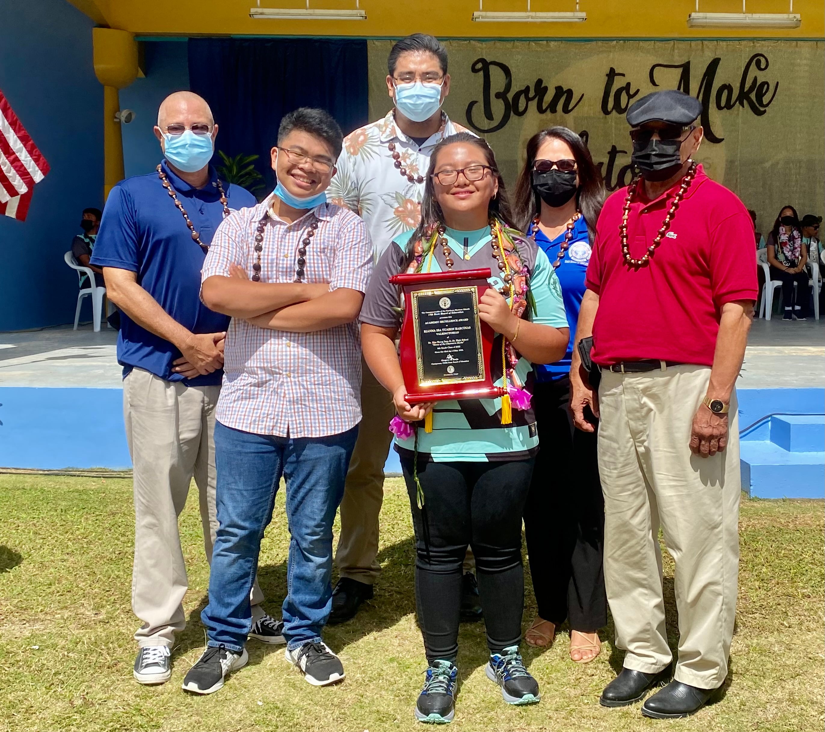 Rianna Isa Tuazon Barcinas is the valedictorian and Board of Education Award recipient of Dr. Rita Hocog Inos Junior High School. She received the award from BOE Chairman Gregory Pat Borja, Vice Chairman Antonio L. Borja, Secretary-Treasurer Maisie B. Tenorio, Board Member Herman Atalig and student representative Jed Sta. Theresa.
