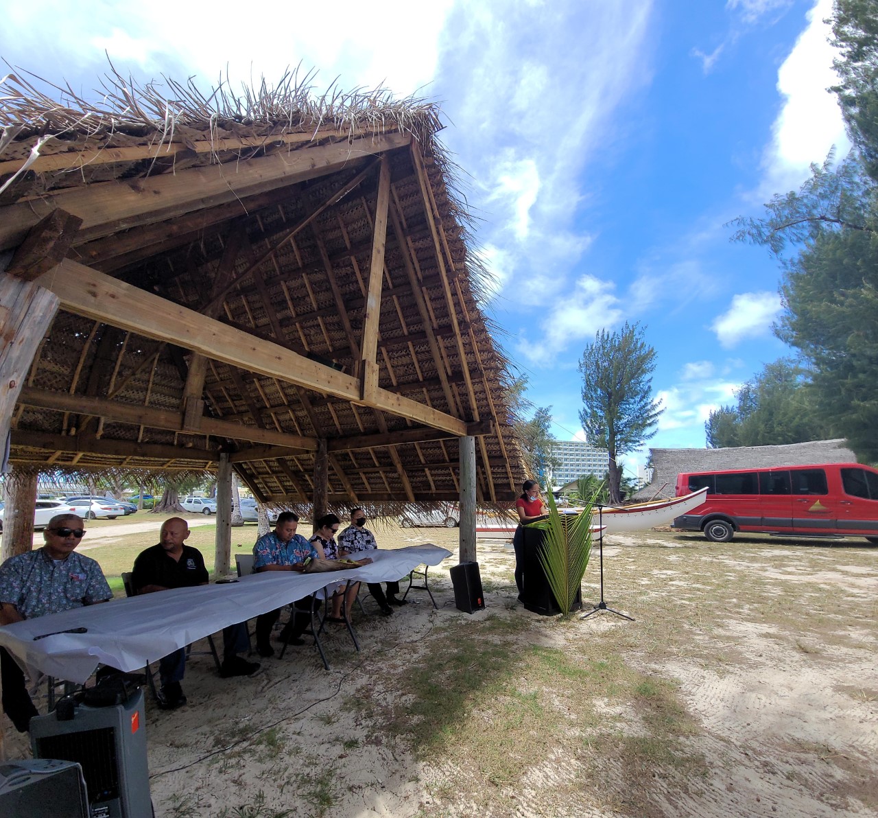 From left, NMI Museum Director Daniel Aquino, DCCA Secretary Joseph Guerrero, Gov. Ralph DLG Torres, HPO Director Rita Chong, and Education Commissioner Dr. Alfred Ada listen as Carmelita P. Castro reads the proclamation.