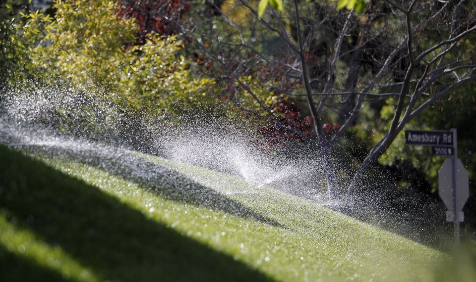 Sprinklers spray water on grass in Los Angeles on March 31, 2010.