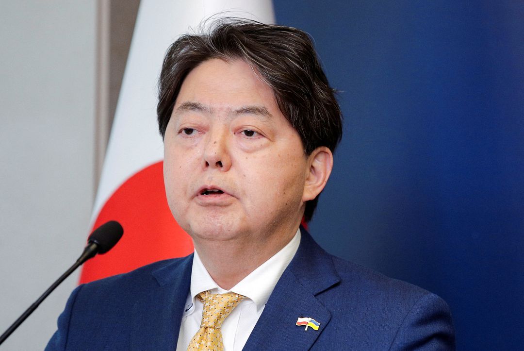 Japanese Foreign Minister Yoshimasa Hayashi speaks at a news conference in Warsaw, Poland on April 4, 2022.