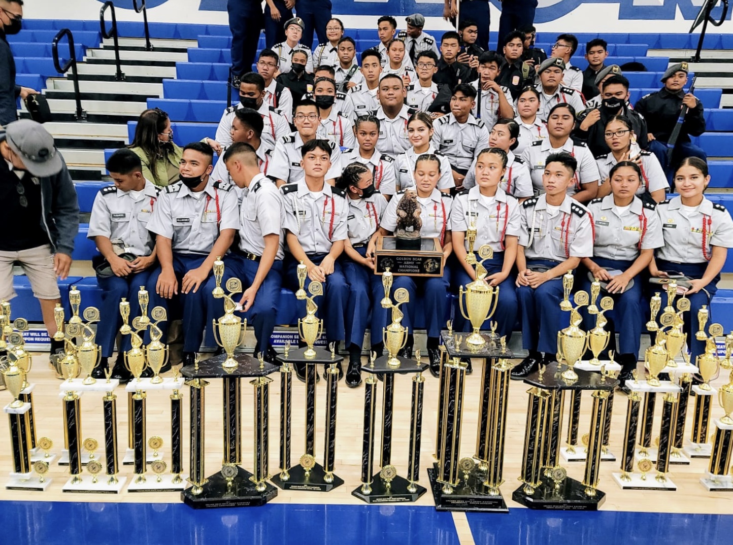The PSS JROTC MSU cadets pose for a photo with their haul of trophies from various divisions — in the novice and varsity categories — at the recently concluded 2022 Golden Bear National Drill Meet in Torrance, California.