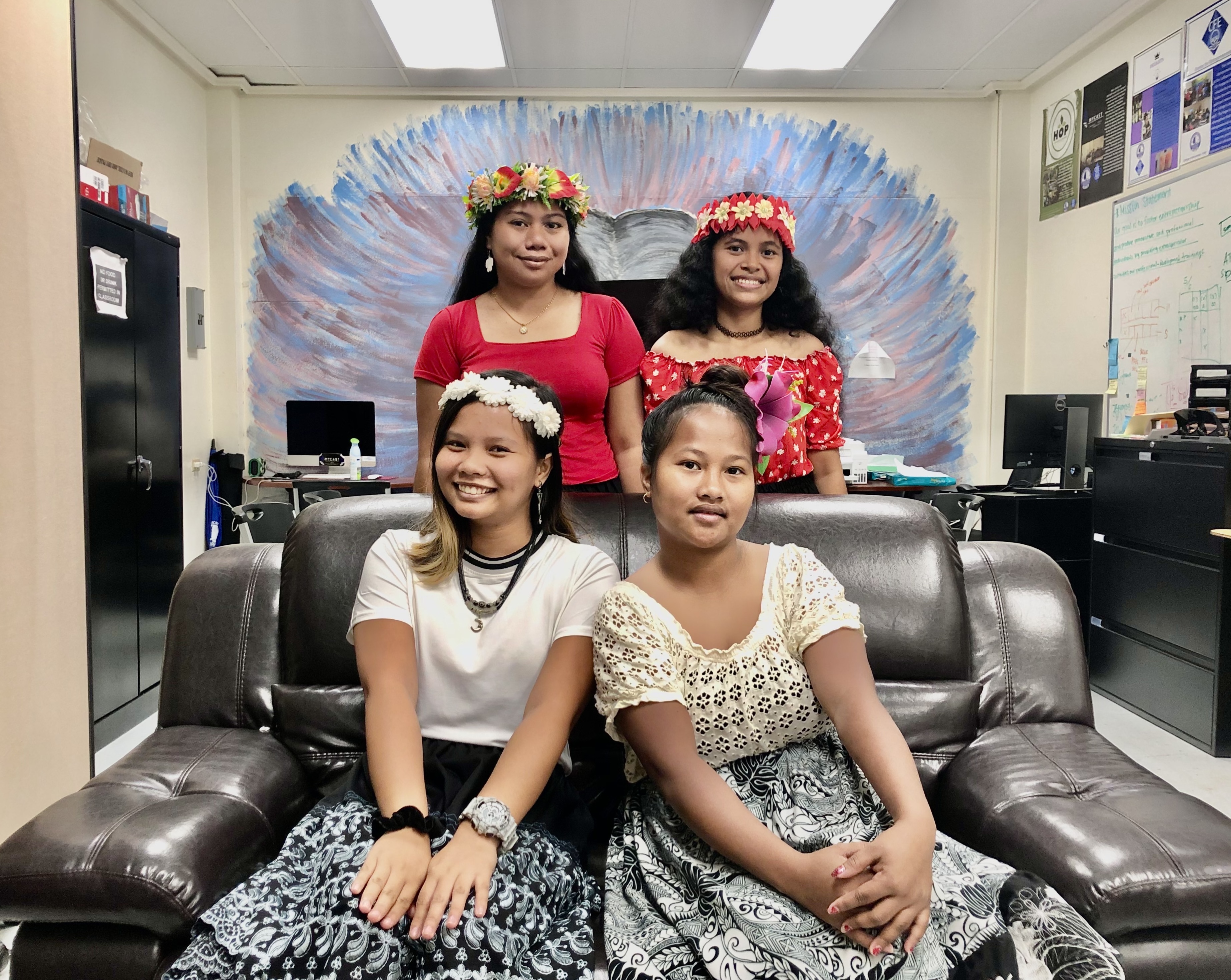 The first-place winners of Startup Weekend Micronesia at the College of Micronesia-FSM Center for Entrepreneurship, where they participated in the Micronesia-wide event from April 27 to 29. Back row, from left: Erika Lynn Nakasone, Celena Albis; front row, from left: Isabel Emrhedrose Pacyaya Garcia, and Marissa Quiambao.