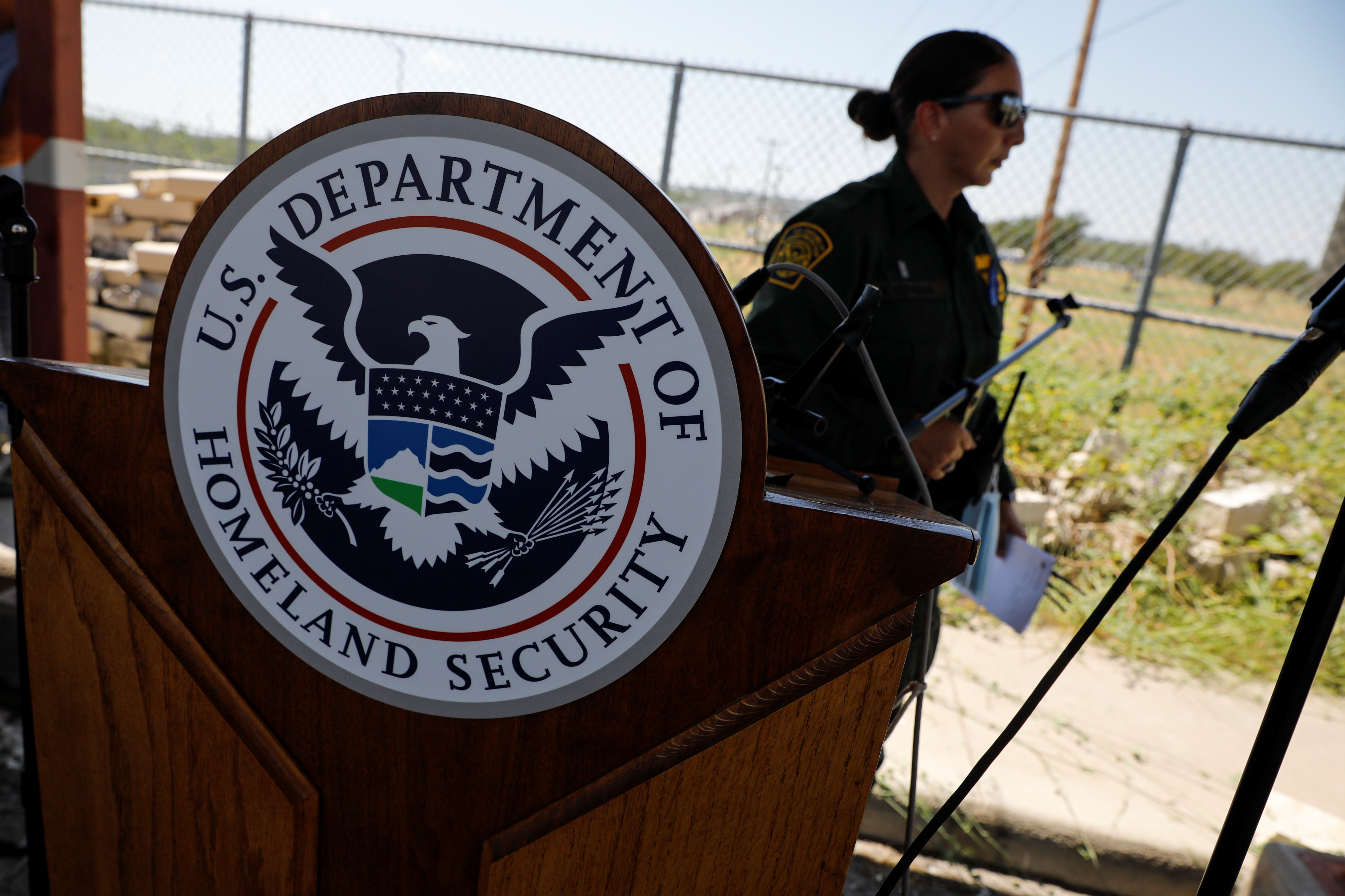 The seal of the U.S. Department of Homeland Security is seen after a news conference near the International Bridge between Mexico and the U.S., as U.S. authorities accelerate removal of migrants at border with Mexico, in Del Rio, Texas on Sep. 19, 2021.