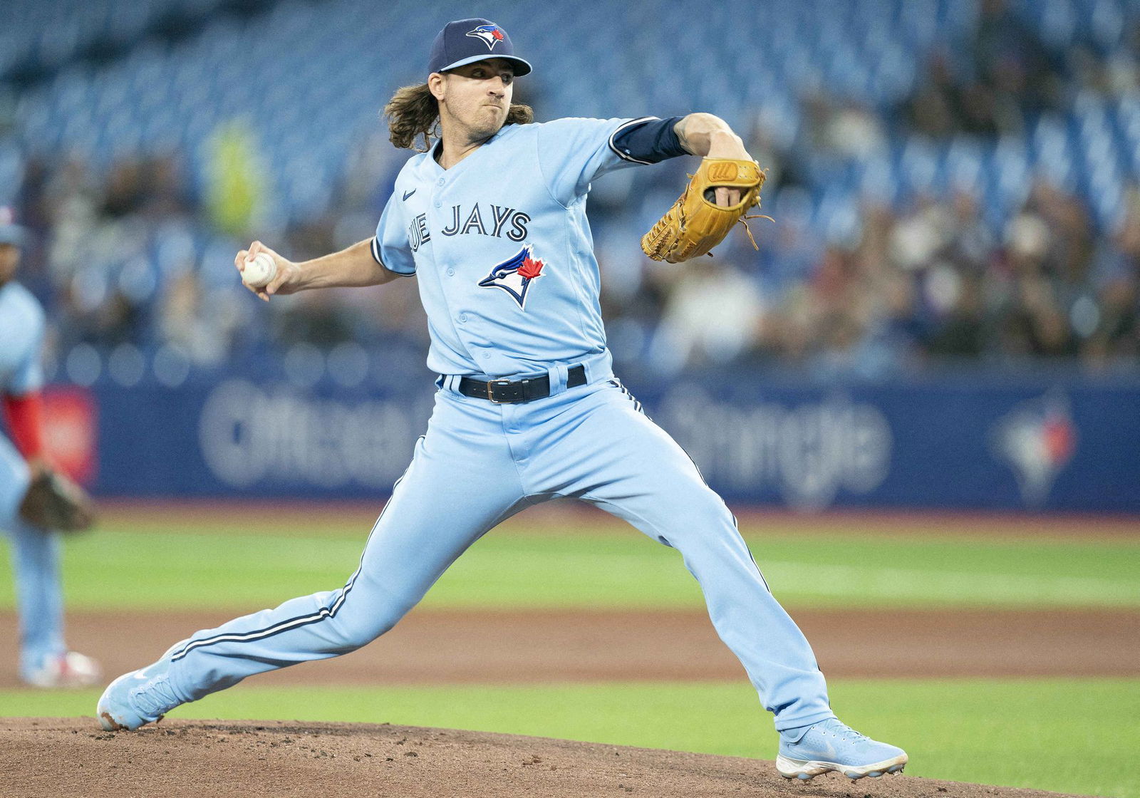 Toronto Blue Jays starting pitcher Kevin Gausman (34) throws a pitch during first inning against the Houston Astros at Rogers Centre in Toronto, Ontario, Canada on May 1, 2022.