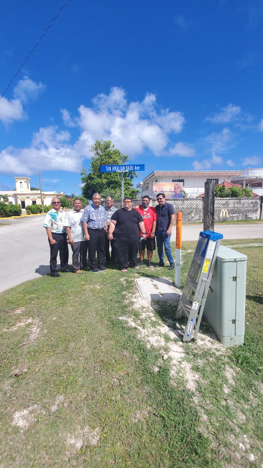 Saipan Mayor David M. Apatang, House Minority Leader Angel Demapan, Reps. Joseph Flores,  Joseph Leepan Guerrero and Edwin Propst pose for a photo with the grandchildren of Amalia Muna Deleon Guerrero Diaz after the renaming of a San Antonio street in her honor on Wednesday.