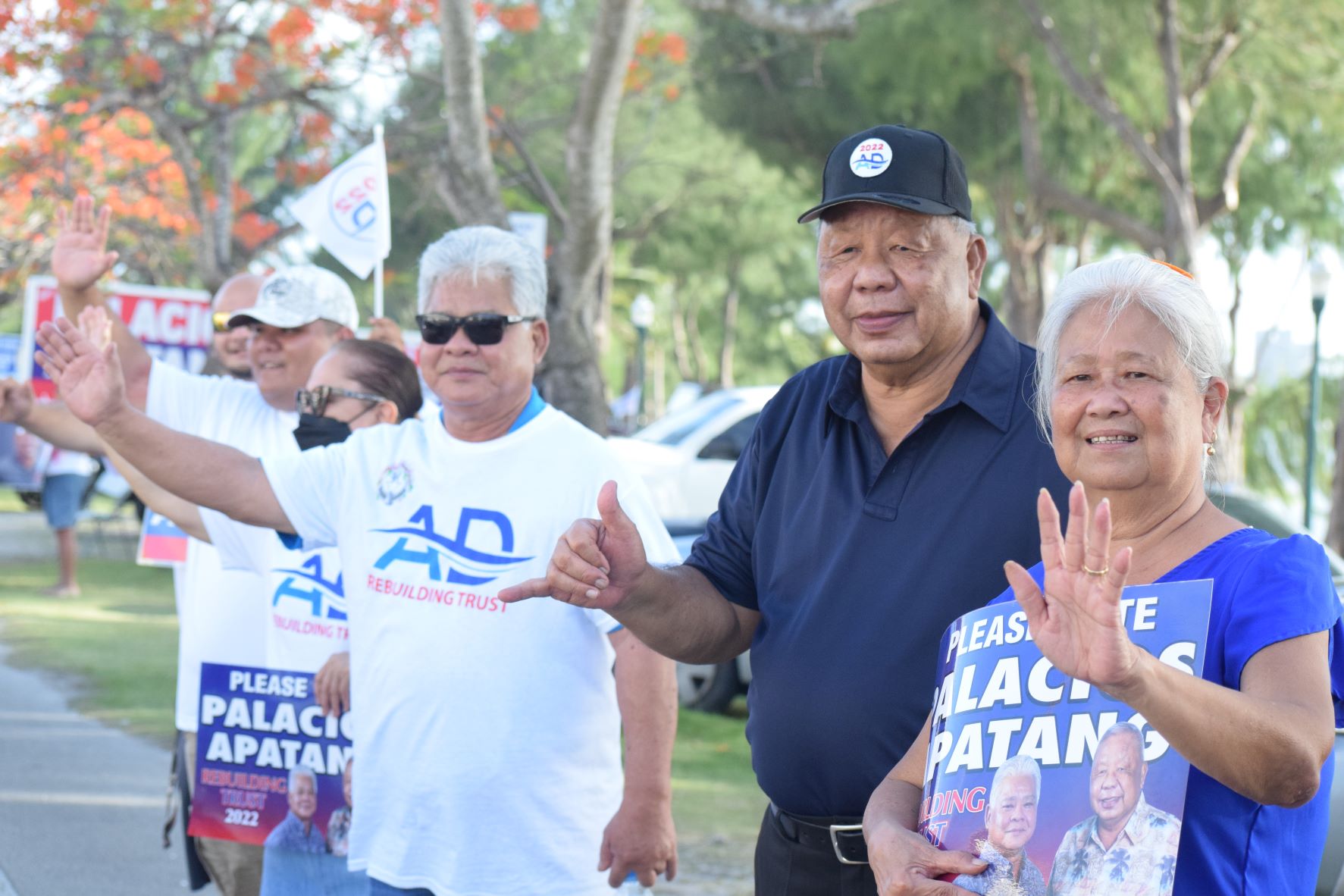 Independent gubernatorial candidate Lt. Gov. Arnold I. Palacios and his running mate, Saipan Mayor David M. Apatang, join supporters in a roadside-waving activity on Beach Road in San Jose on Friday, April 29, 2022.