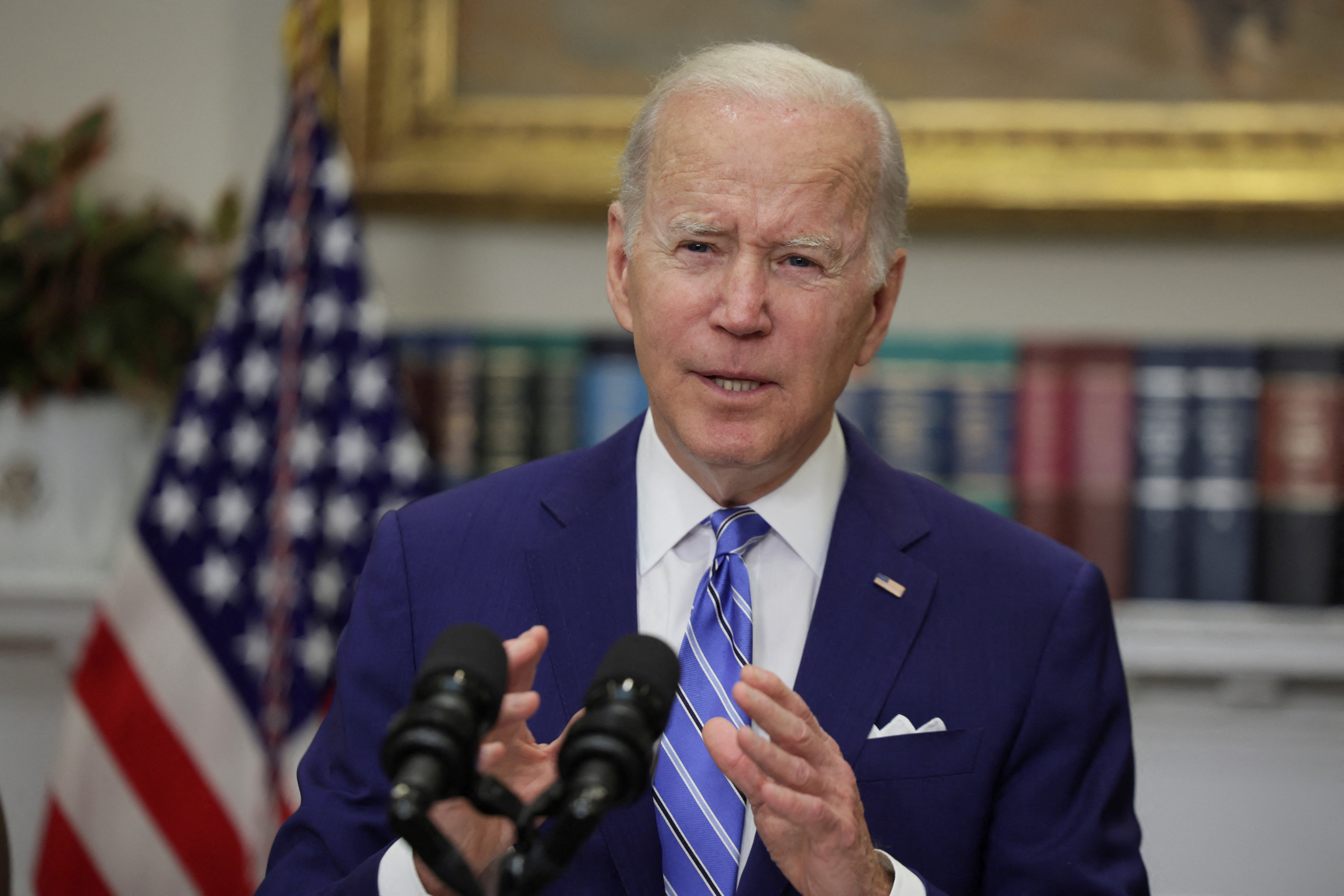 President Joe Biden delivers remarks on economic growth, jobs, and deficit reduction in the Roosevelt Room at the White House in Washington, D.C., May 4, 2022.