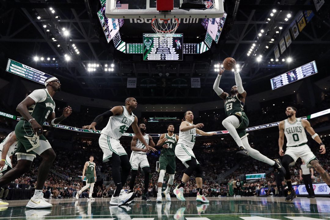 Milwaukee Bucks guard Wesley Matthews (23) drives for the basket during the third quarter against the Boston Celtics during game six of the second round for the 2022 NBA playoffs at Fiserv Forum in Milwaukee, Wisconsin on May 13, 2022.