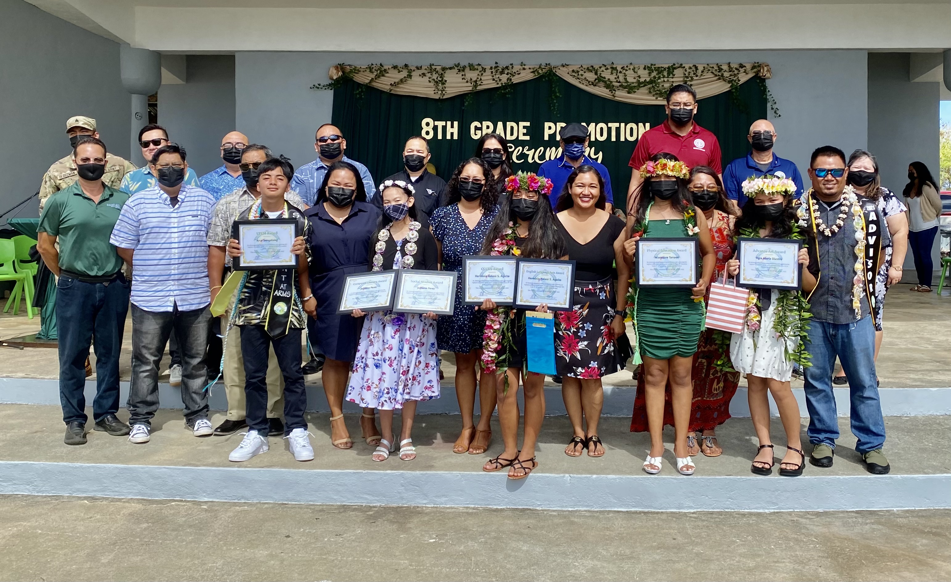 Subject award recipients: Herminia Kolani Sablan Agulto — English Language Arts and Chamorro Carolinian Language and Heritage Studies; Arce Aligado Sangalang — Mathematics, Science, Leadership Corps, and STEM; Julliana Perez — Social Studies and Computer Literacy; Miamoure Torwan — Physical Education; Kyla Diestro — Advanced Art.