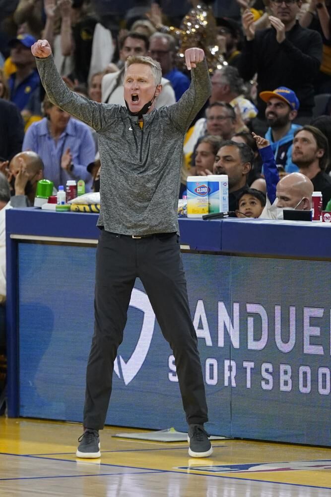 Golden State Warriors coach Steve Kerr yells out instructions during the first half of Game 5 of the team's NBA basketball playoffs Western Conference finals against the Dallas Mavericks in San Francisco, Thursday, May 26, 2022. 