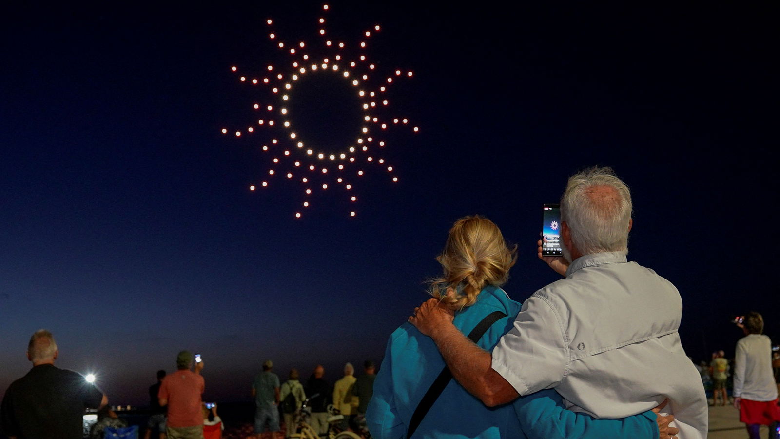Sky Elements drones light up the night sky during a drone shown at the Heritage Festival in Key West, Florida on March 26, 2022.