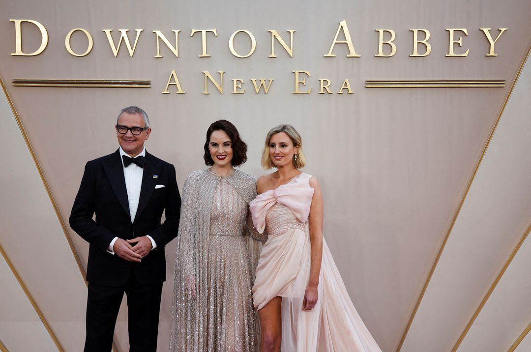 Cast members Hugh Bonneville, Michelle Dockery and Laura Carmichael arrive for the world premiere of “Downton Abbey: A New Era” in London, Britain, April 25, 2022.