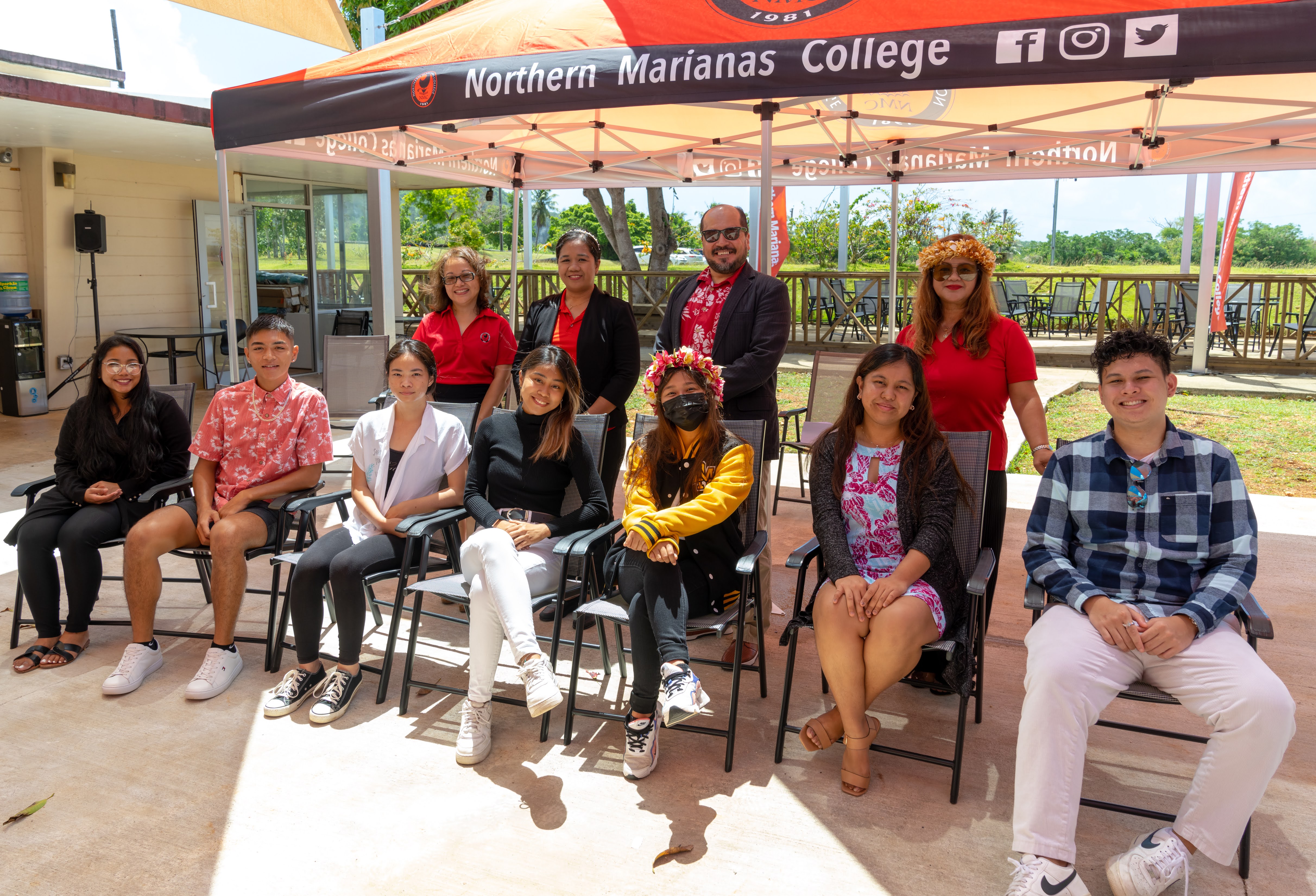 Top row: from left, Northern Marianas College Financial Aid Office Director Daisy Manglona-Propst, NMC Interim Dean for Academic Programs and Services Vilma Reyes, NMC President Galvin Deleon Guerrero, EdD, and NMC Dean for Student Support Services Charlotte Cepeda. Bottom row: from left, Asian and Pacific Islander American – Asian American and Native American Pacific Islander-Serving Institution scholarship recipients Anette Agulto, Jermaine Salas Jr, Susan Ma, Lesly Ibarra, Victoria Matsunaga, Eloise Lopez and Edieson Aguirre.