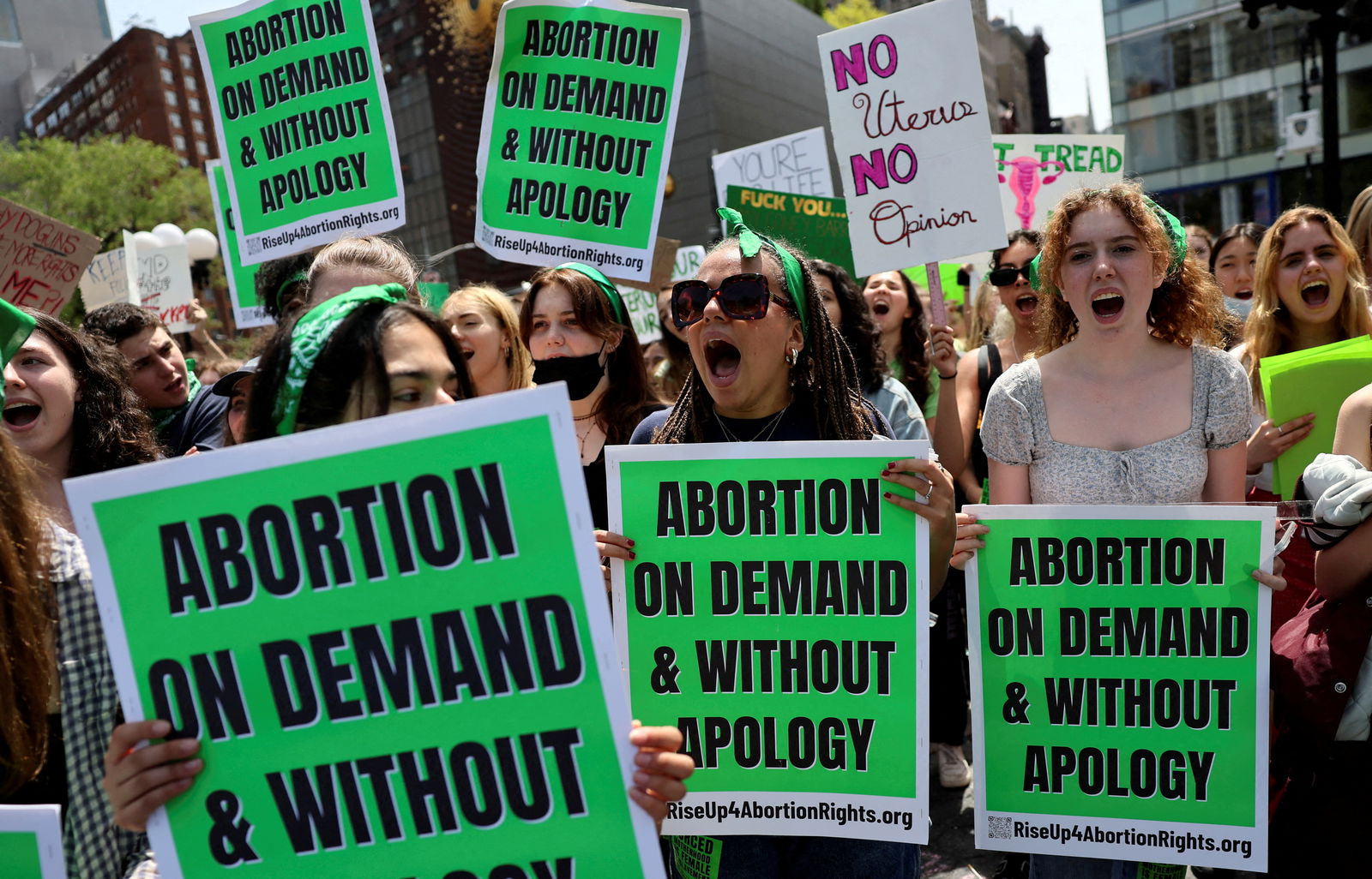 Students and others protest for abortion rights in Union Square, after the leak of a draft majority opinion written by Justice Samuel Alito preparing for a majority of the court to overturn the landmark Roe v. Wade abortion rights decision later this year, in Manhattan, New York City on May 5, 2022.