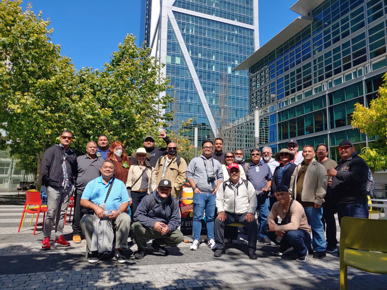 Members of the CNMI delegation take a group photo at Salesforce Park during Day 2 of the CNMI Zero Waste training held in San Francisco, California. Also in photo are Green Building Tours tour guide Candice Kollar and U.S. Environmental Protection Agency Region 9 Zero Waste & Green Building Coordinator Timonie Hood.