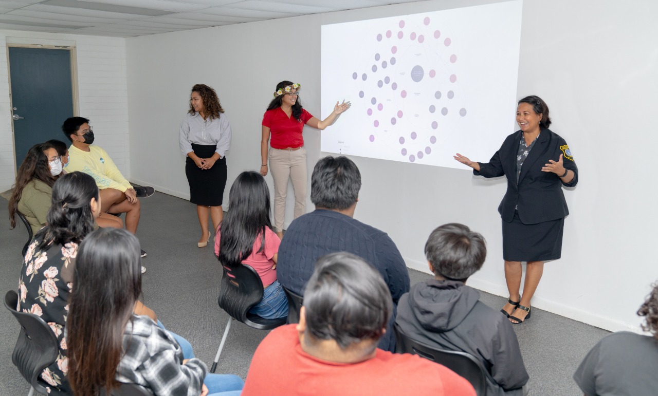 Reina Camacho, right, acting manager of administrative services and general support of the Division of Customs Biosecurity; Erin Camacho, left, dietician for the Public School System’s Food and Nutrition Program; and Patty Coleman, center, interim dean of Northern Marianas College-Cooperative Research, Extension, and Education Services, explain the dynamics of the food systems map that they created for the  "Map the System" competition hosted by the University of Oxford.  