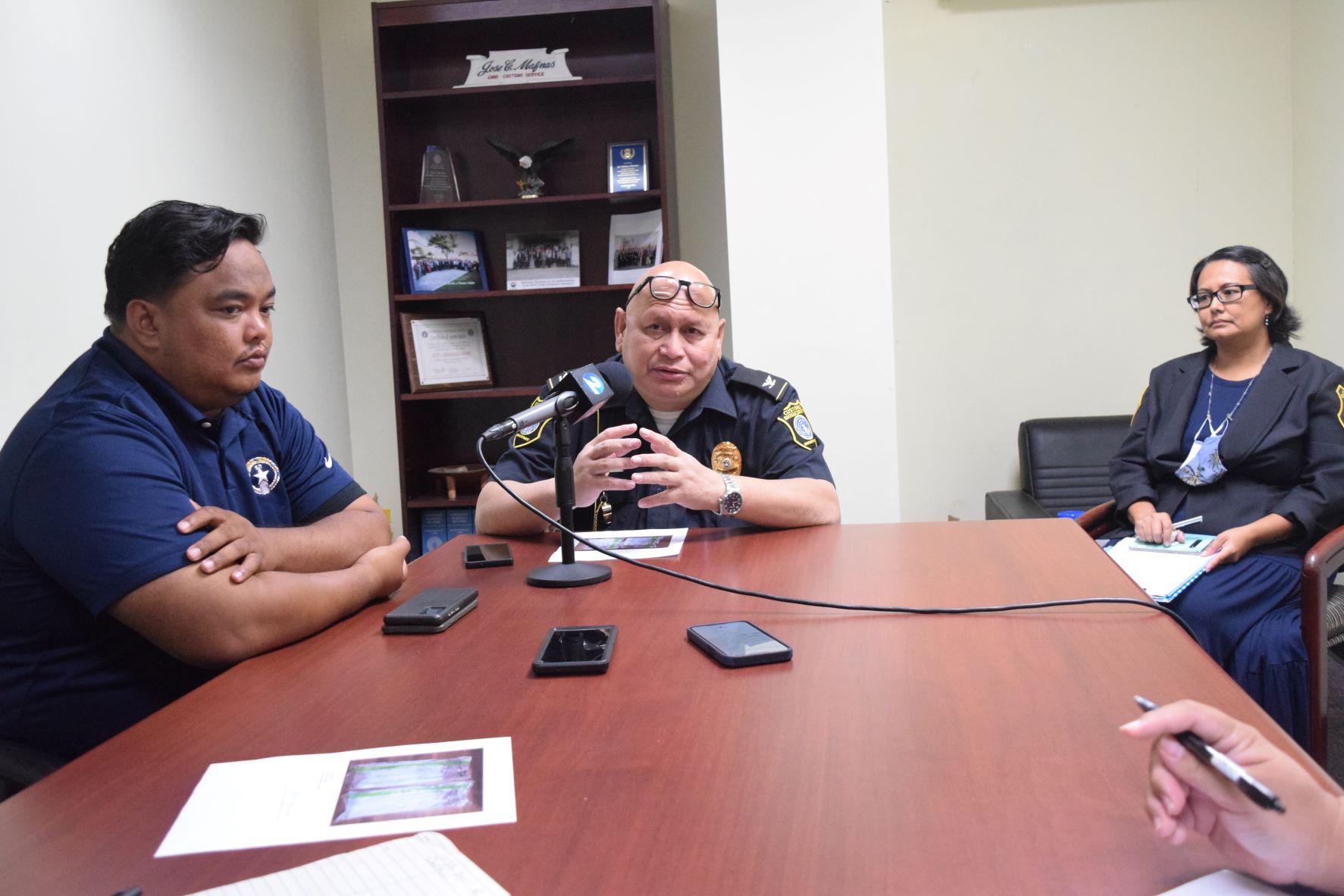 Acting Division of Customs Director James Deleon Guerrero, center, gestures during a press conference at the Customs office in Puerto Rico on Thursday. Also in photo are Bureau of Contraband Enforcement Supervisor Capt. John Henry Sablan, left, and Customs Planner and Public Information Officer Reina Camacho.