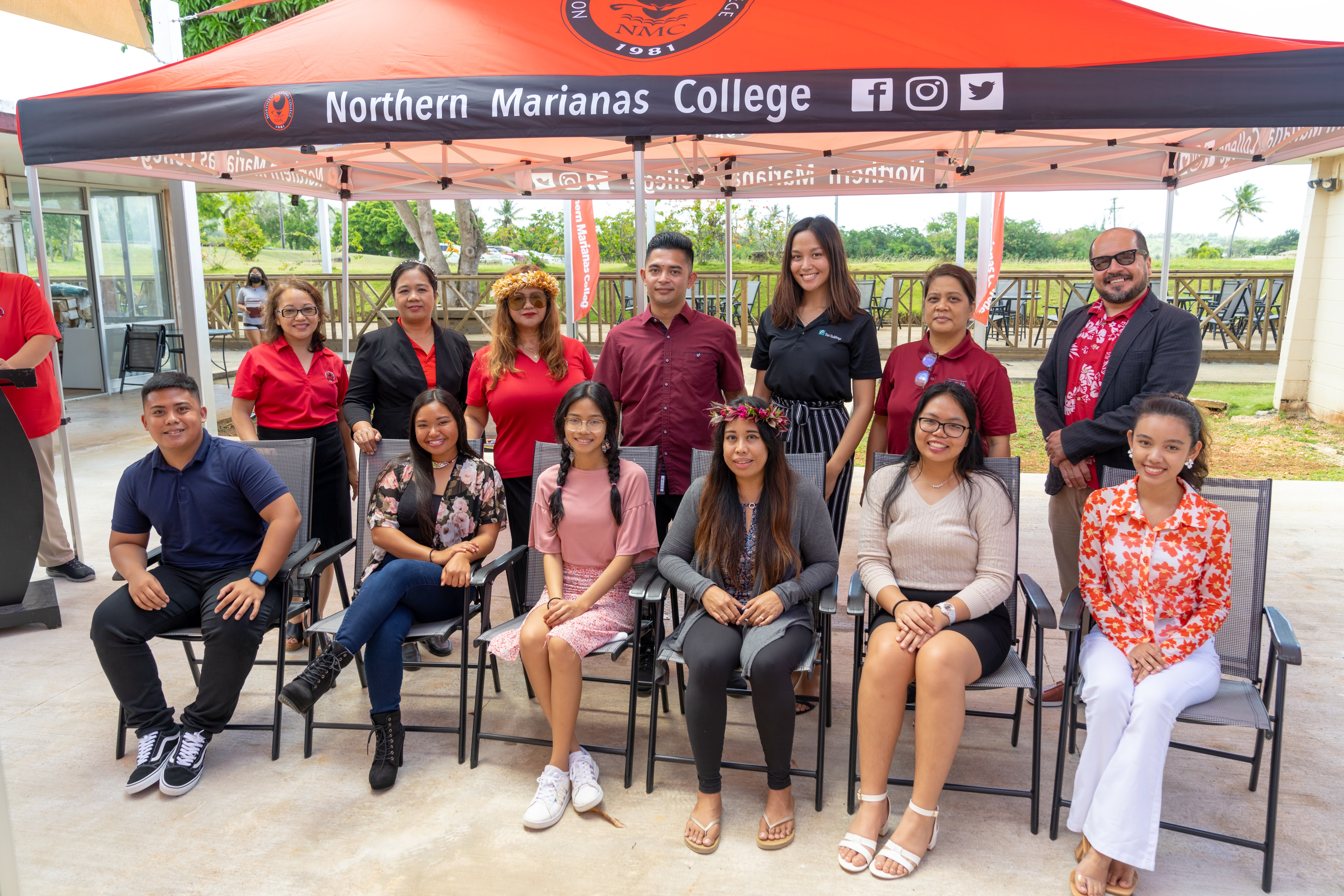 Top row: Northern Marianas College Financial Aid Office Director Daisy Manglona-Propst, NMC Interim Dean for Academic Programs and Services Vilma Reyes, NMC Dean for Student Support Services Charlotte Cepeda, Tan Siu Lin Foundation assistant manager Raymond Zapanta, administrative assistant to Tan Holdings CEO Hannah Santos, TSL Foundation administrative officer Rina Robles, and NMC President Galvin Deleon Guerrero, EdD. Bottom row: from left, Tan Siu Lin Foundation scholarship recipients Jerwin Raquepo, Laurina Sebaklim, Micah Larioza, Maricon Bricia-Allen, Redz Rivera, and Amy Soliman.