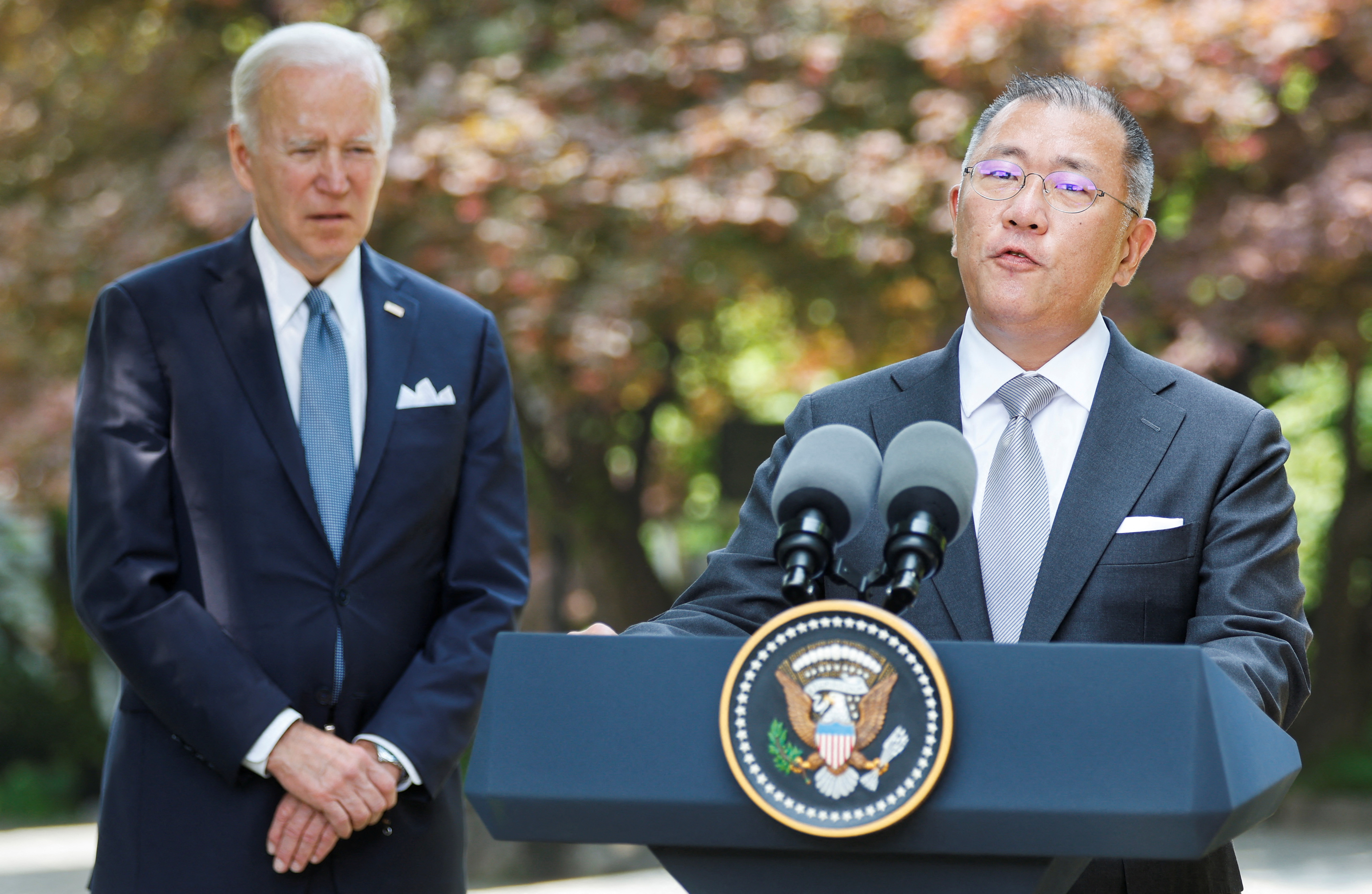 Hyundai Motor Group Chairman Euisun Chung delivers remarks along with  President Joe Biden on the automaker’s decision to build a new electric vehicle and battery manufacturing facility in Savannah, Georgia, as Biden ends his visit to Seoul, South Korea, May 22, 2022.