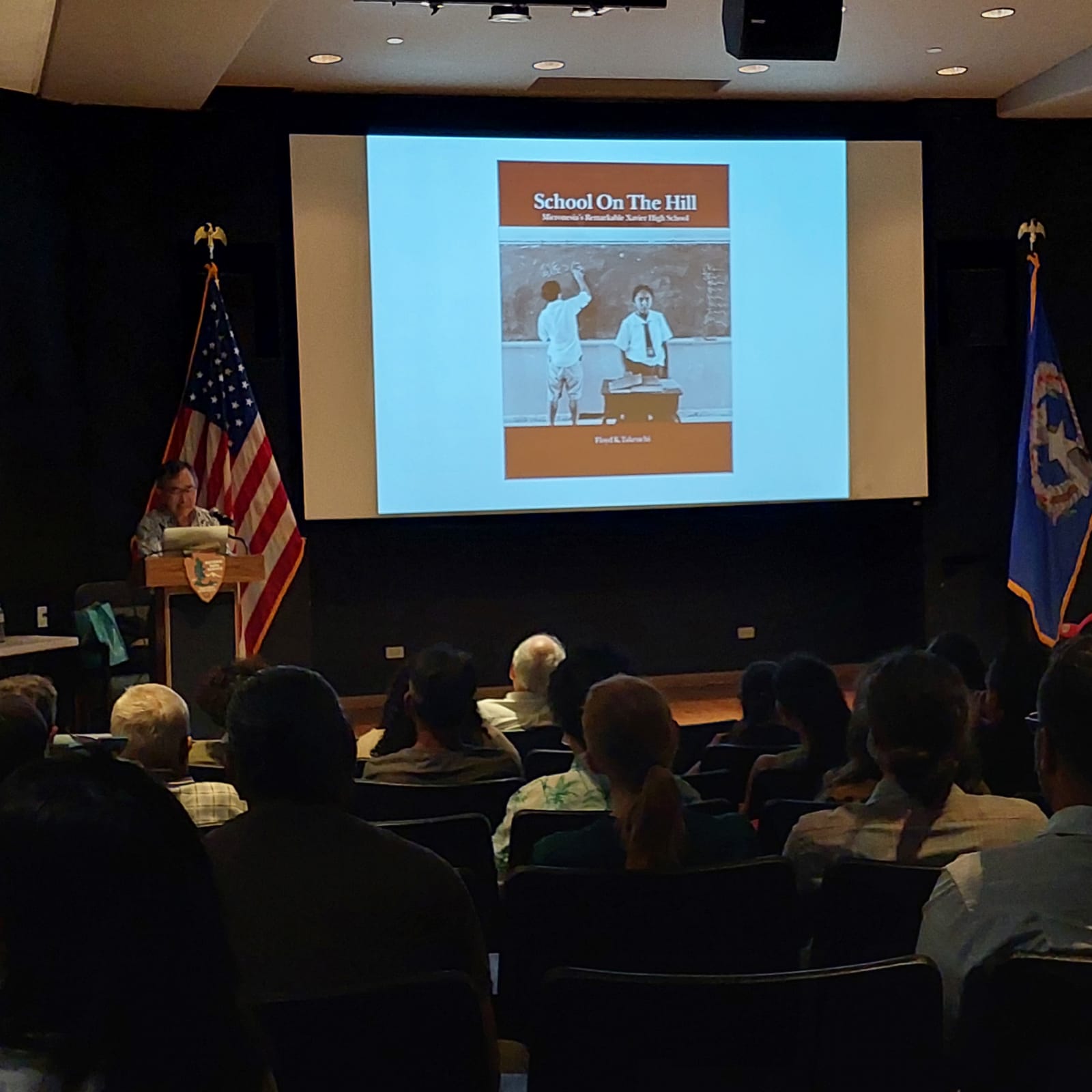 Floyd K. Takeuchi presents “Tropical Light” at American Memorial Park’s indoor theater on April 27, 2022.