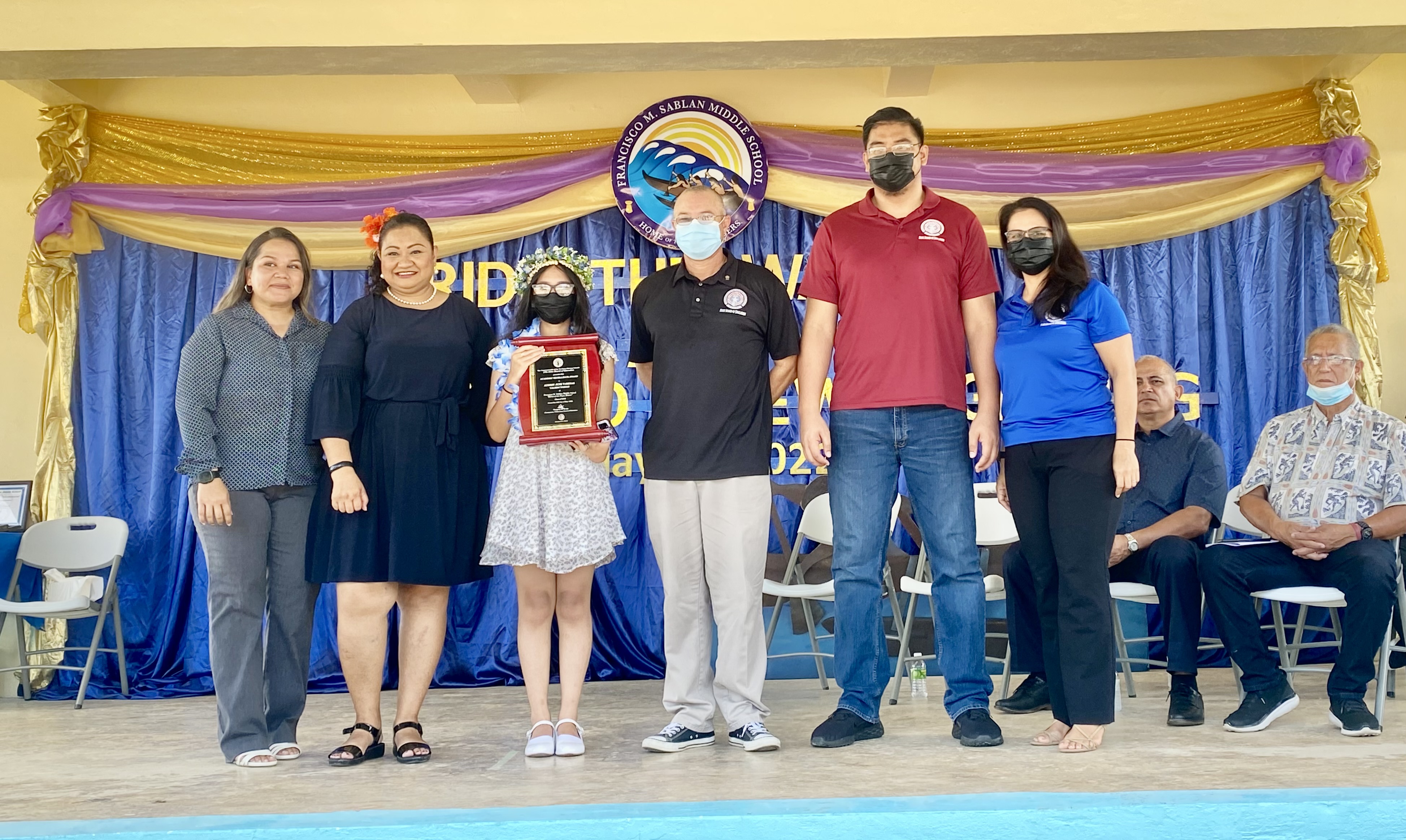 Aubrey June Tabenas is this year’s FMS class valedictorian and recipient of the Board of Education Award which was presented to her by BOE Chairman Gregory Pat Borja, Vice Chairman Antonio L. Borja and Secretary Treasurer Maisie B. Tenorio. Also in photo are FMS Principal Cherlyn Oaung and Vice Principal Carla Sablan.