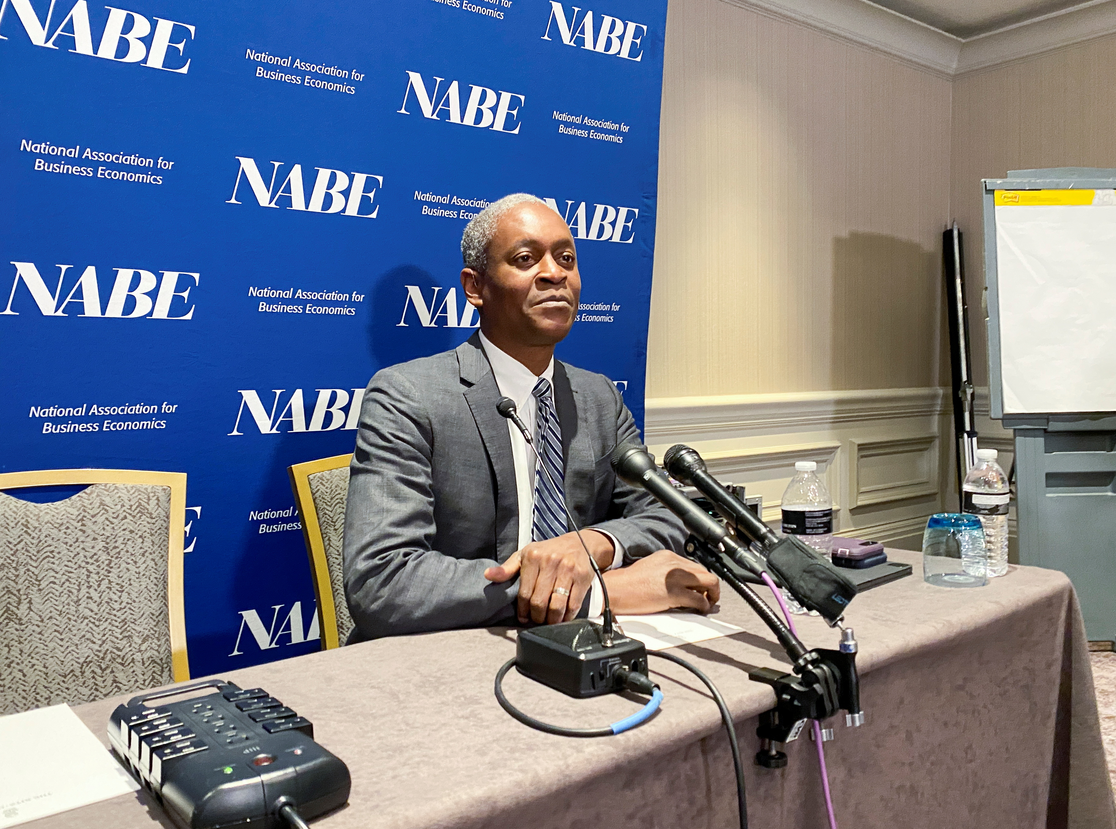 Atlanta Federal Reserve Bank President Raphael Bostic speaks to reporters at the National Association of Business Economics' annual policy meeting in Washington D.C. March 21, 2022.