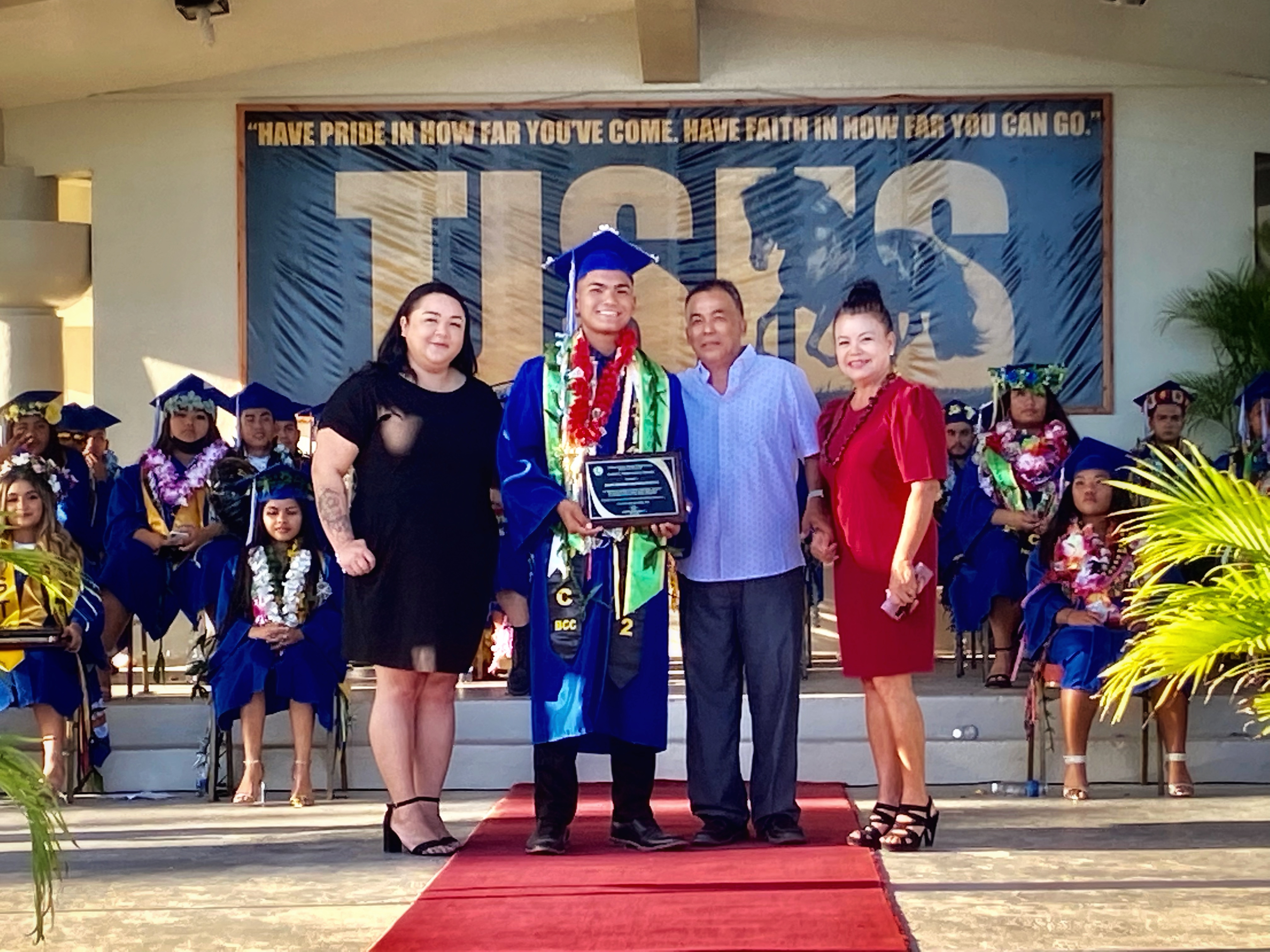 Matt Edison Salvosa Soliva was the recipient of the School Leadership Award and 18th Municipal Council Recognition Award. Also in photo are Principal Lizabeth Hofschneider and Vice Principal Nikita Mendiola.