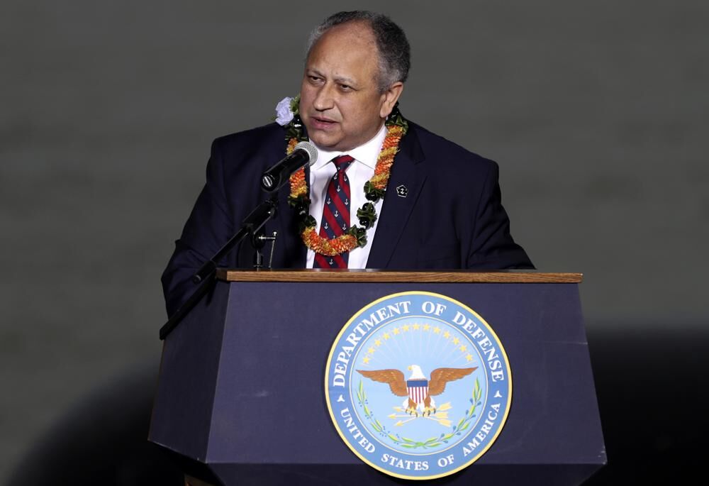 U.S. Navy Secretary Carlos Del Toro speaks at the 80th Pearl Harbor Anniversary ceremony at Joint Base Pearl Harbor-Hickam on Dec. 7, 2021 in Honolulu, Hawaii.