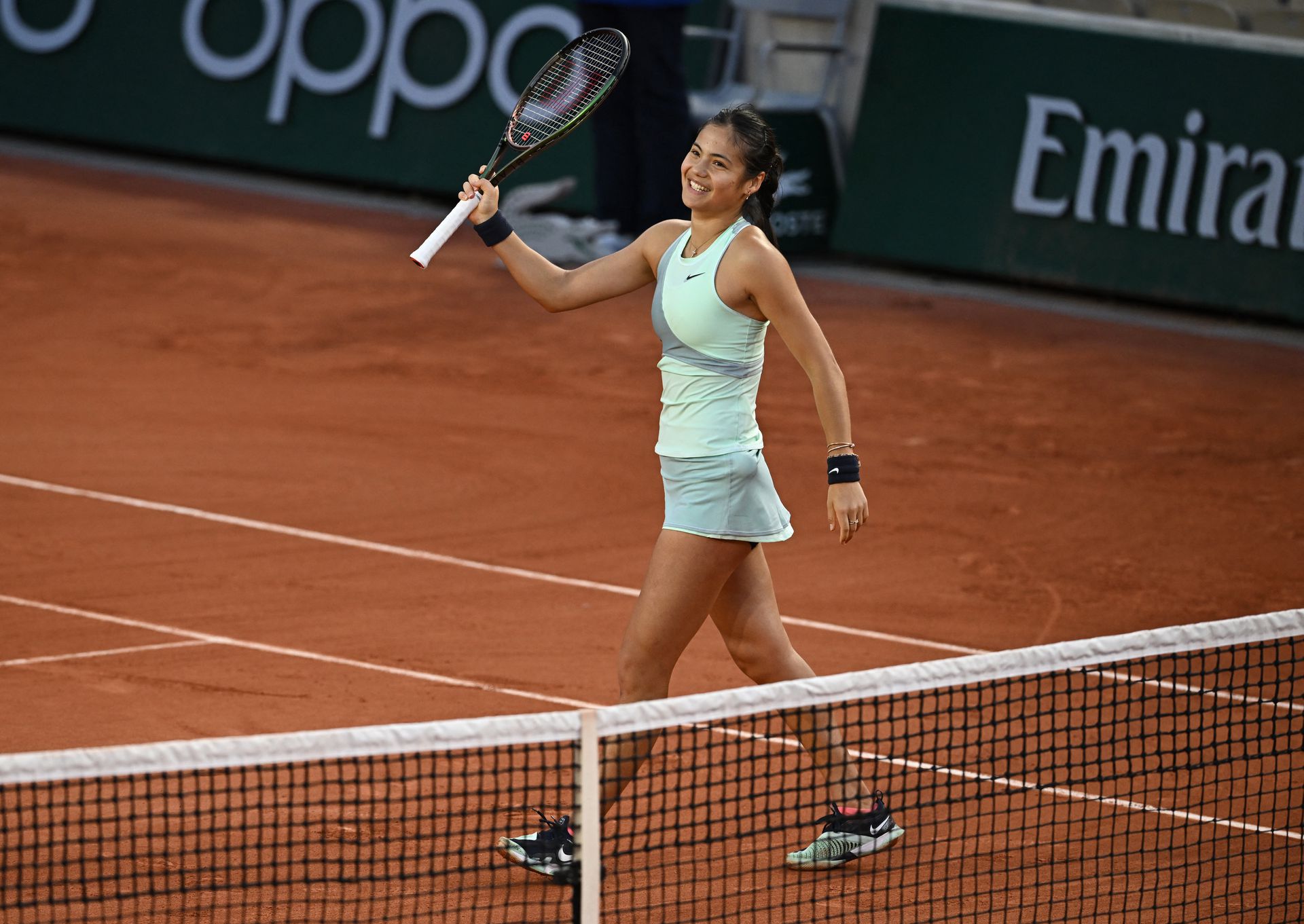 Britain's Emma Raducanu celebrates after winning her first round match in the French Open against Czech Republic's Linda Noskova at Roland Garros, Paris, France on May 23, 2022.