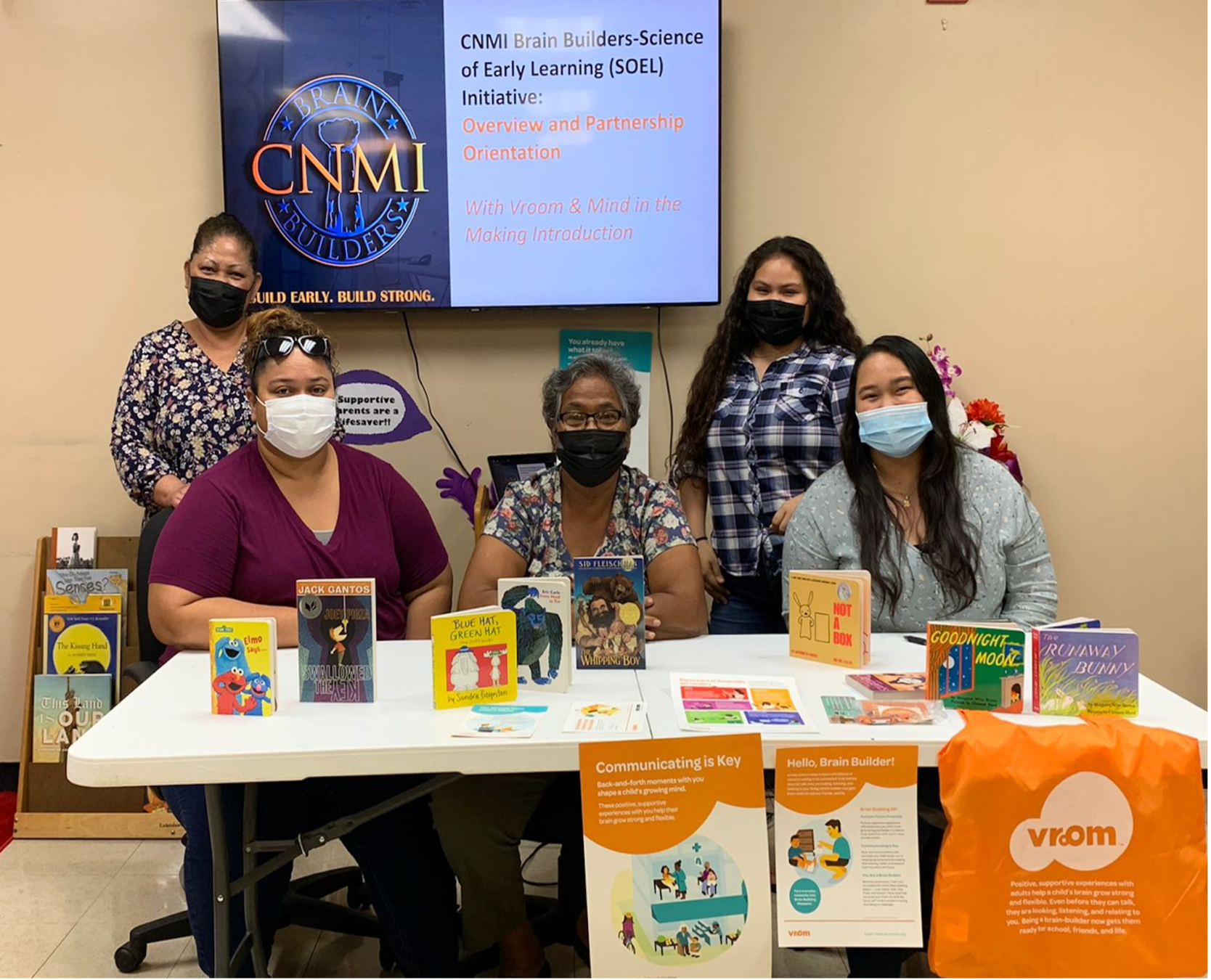 On Friday, April 22, 2022, the CNMI Child Care Development Fund Program, in partnership with Evergreen Learning, completed the first CNMI Brain Builders-Science of Early Learning Orientation with its partner agencies at the Kagman Community Center. It was facilitated by Melissa Palacios, Science of Early Learning coordinator, and Rayanna Fitial, Science of Early Learning administrative assistant. In attendance were Division of Youth Services Community Development Specialist Maria Olopai, DYS Community Development Technician Josephine Kapileo, and Council on Developmental Disabilities Administrative Assistant Kyanna Norita. Not in  photo is Philip Santos, CHCC-CGC System of Care Lead Family Coordinator, who attended the orientation virtually.