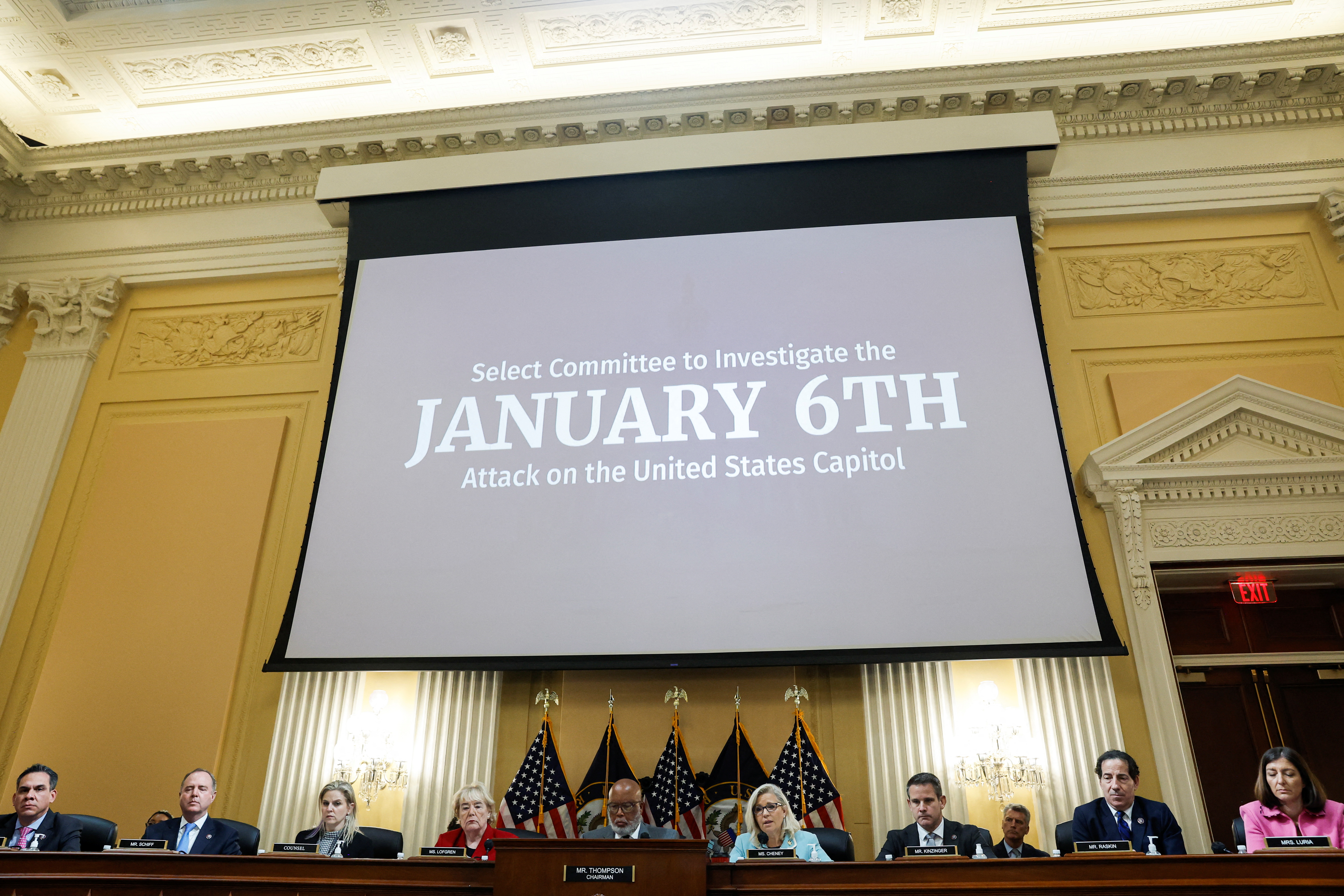 U.S. Rep. Zoe Lofgren, D-Ca., Chairperson Bennie Thompson, D-Ms., Vice Chair Liz Cheney, R-Wy., and U.S. Rep. Adam Kinzinger, R-Il., hold the second public hearing of the U.S. House Select Committee to Investigate the January 6 Attack on the United States Capitol in Washington, D.C. on June 13, 2022.
