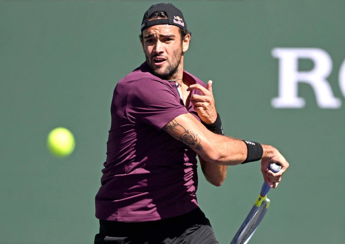 Matteo Berrettini hits a shot during his fourth round match against Miomir Kecmanovic — not pictured —  at the BNP Paribas Open at the Indian Wells Tennis Garden in Indian Wells, California on March 16, 2022.