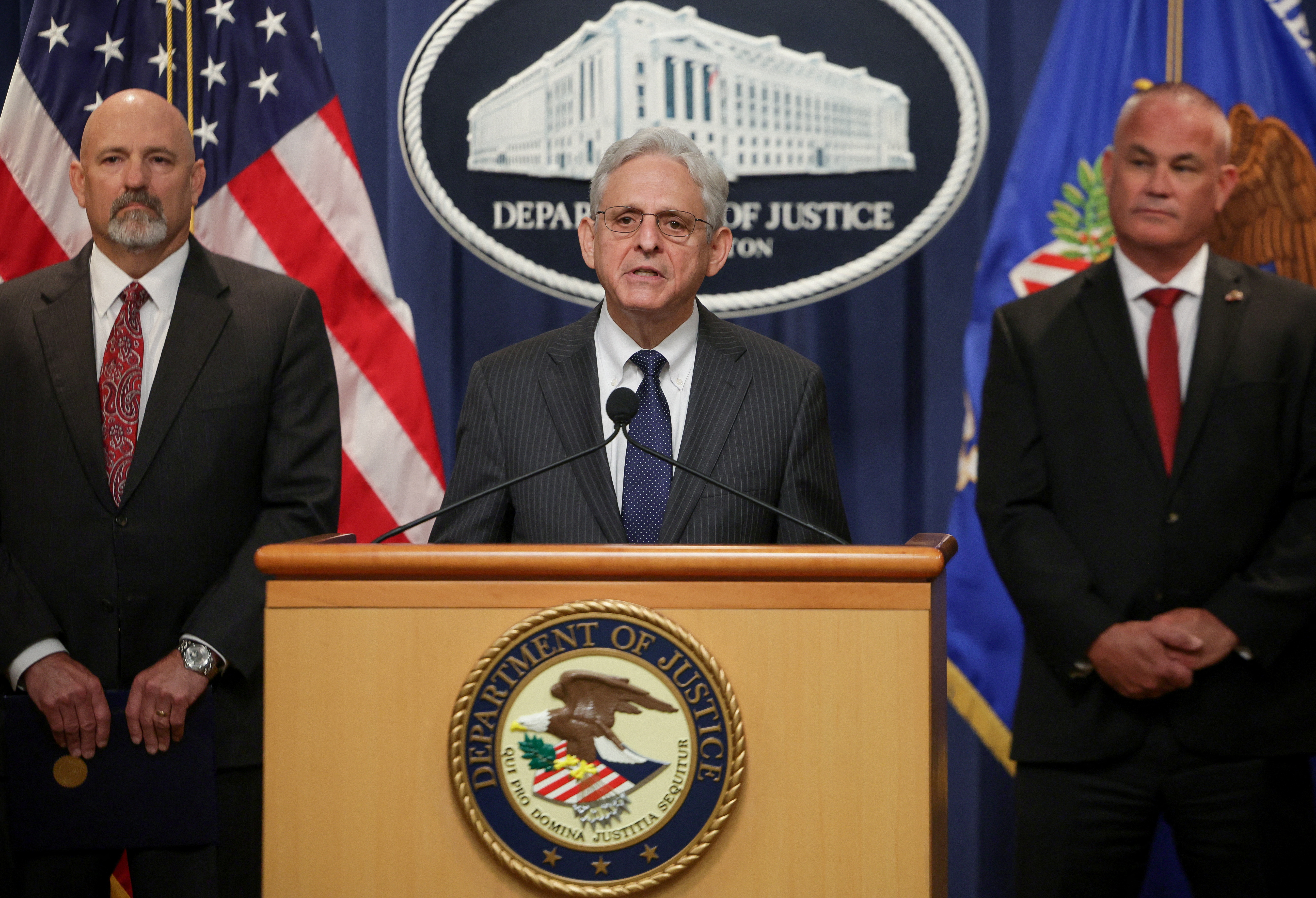 U.S. Attorney General Merrick Garland is joined by U.S. Attorney for the Northern District of Texas Chad Meacham and Jeff Boshek, Special Agent in Charge of the ATF’s Dallas Field Division, during a press conference announcing a significant firearms trafficking enforcement action and ongoing efforts to protect communities from violent crime and gun violence at the Department of Justice in Washington, D.C., June 13, 2022.