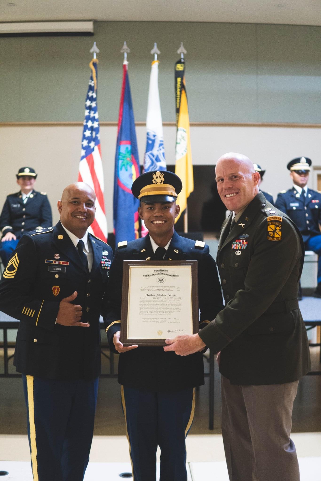 Second Lt. Dan Ryan Tumaquip was commissioned as an Officer through the University of Guam’s ROTC program at the Guam Army National Guard’s Assembly Hall in Barrigada on May 21, 2022. He is pictured with Master Sgt. Rocky Duran, left, and Lt. Col. Thomas Anderson.