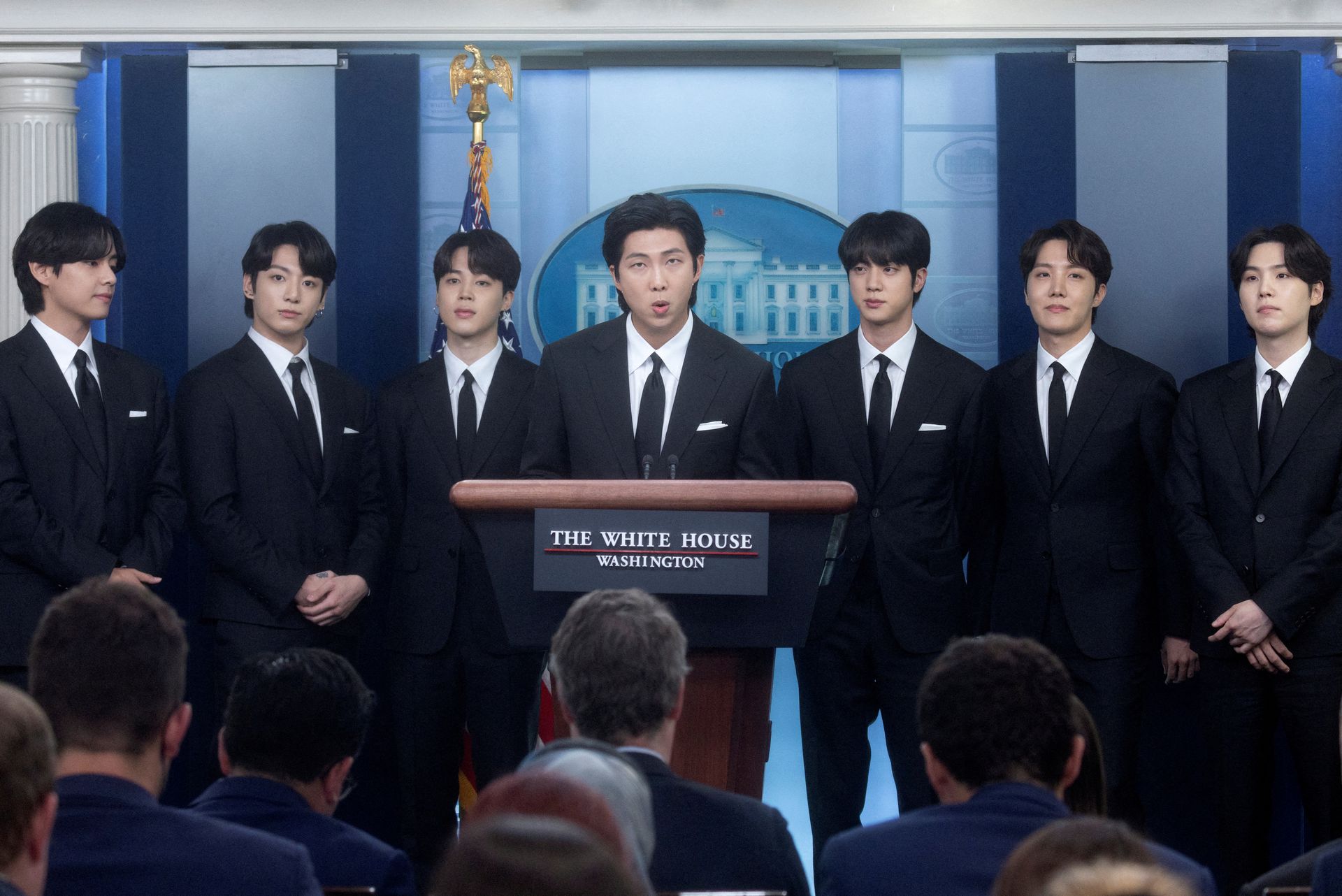 Members of the K-Pop band BTS —  Kim Taehyung, Kim Seokjin, Jeon Jeongguk, Kim Namjoon, Park Jimin, Jung Hoseok and Min Yoon-gi — make statements against anti-Asian hate crimes and for inclusion and representation during the daily briefing at the White House in Washington, D.C., May 31, 2022.