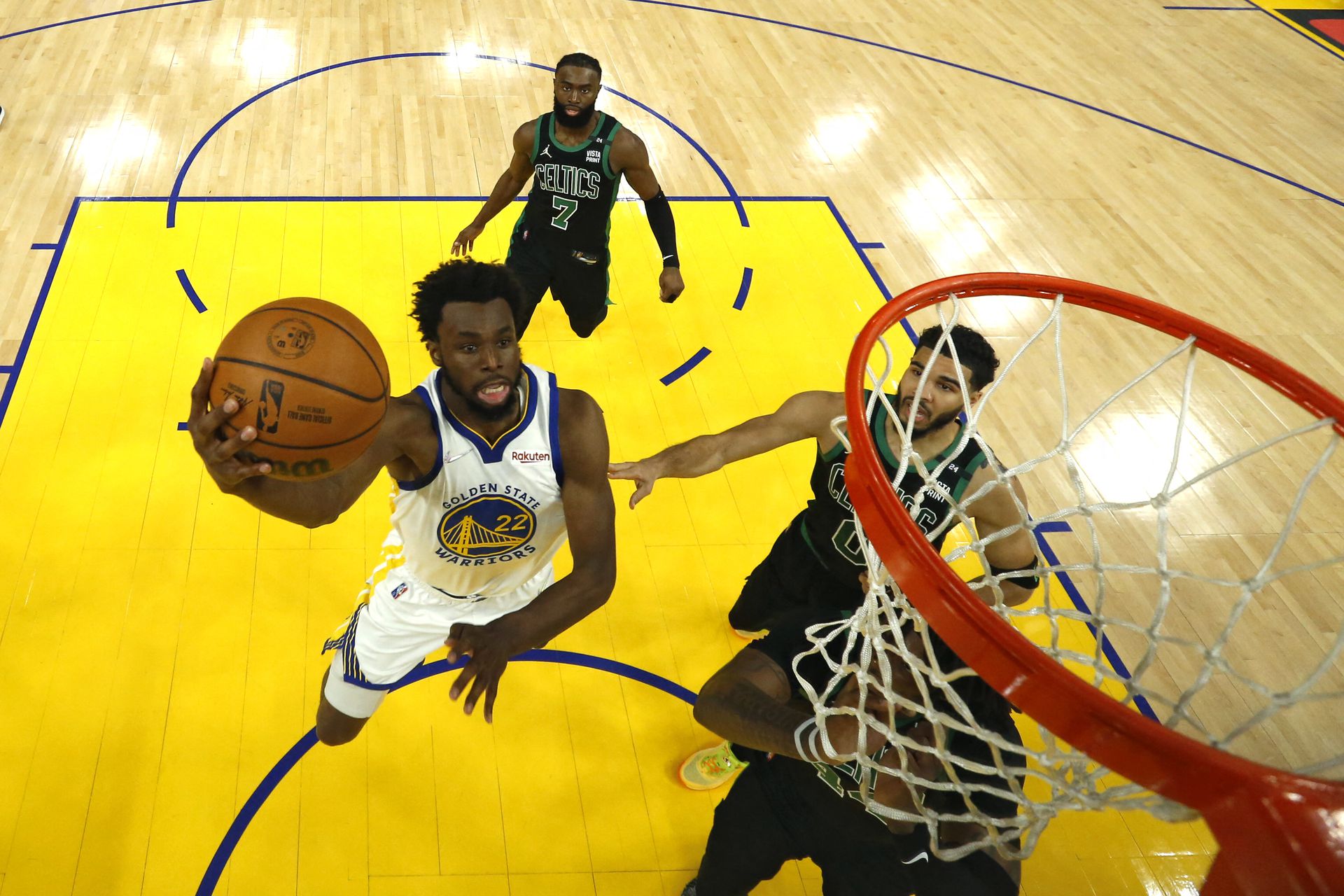 Golden State Warriors forward Andrew Wiggins (22) goes to the basket in game five of the 2022 NBA Finals against the Boston Celtics at Chase Center in San Francisco, California on June 13, 2022.