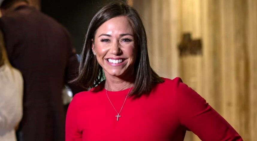 Republican U.S. Senate candidate Katie Britt arrives to talk with supporters during a primary watch party Tuesday in Montgomery, Ala.
