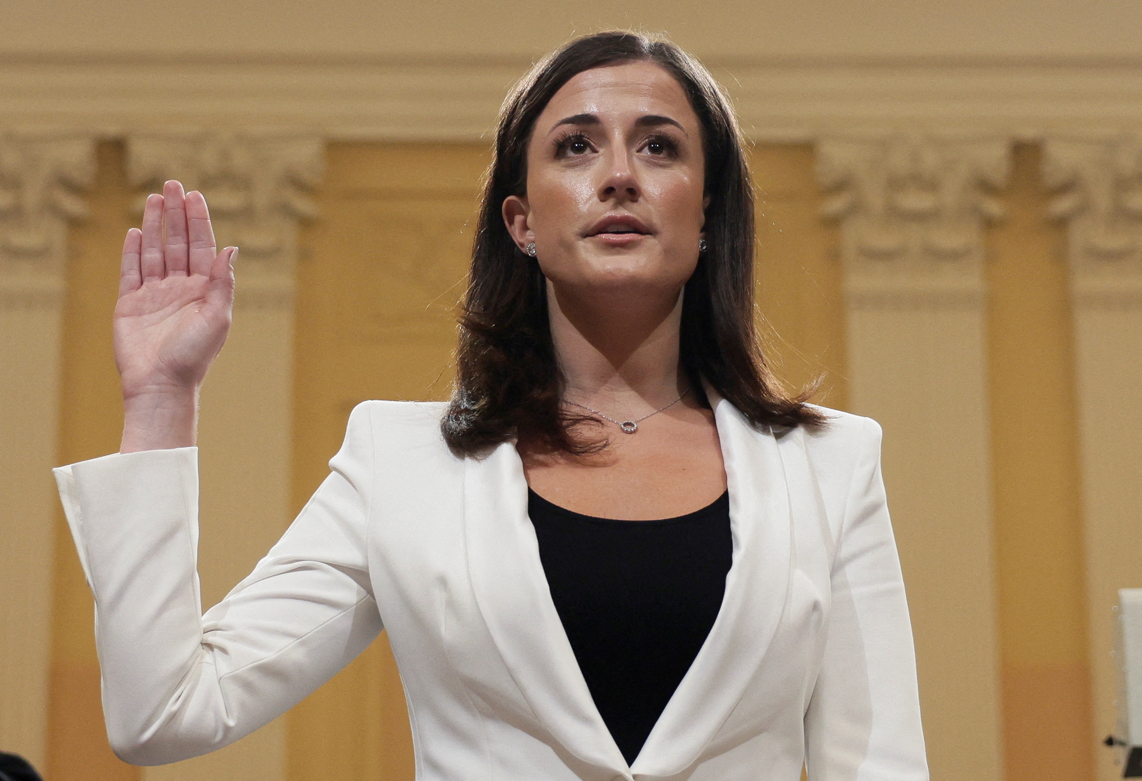 Cassidy Hutchinson, who was an aide to former White House Chief of Staff Mark Meadows during the administration of former President Donald Trump, is sworn in to testify during a public hearing of the U.S. House Select Committee to investigate the January 6 Attack on the U.S. Capitol, on Capitol Hill in Washington, D.C., June 28, 2022.