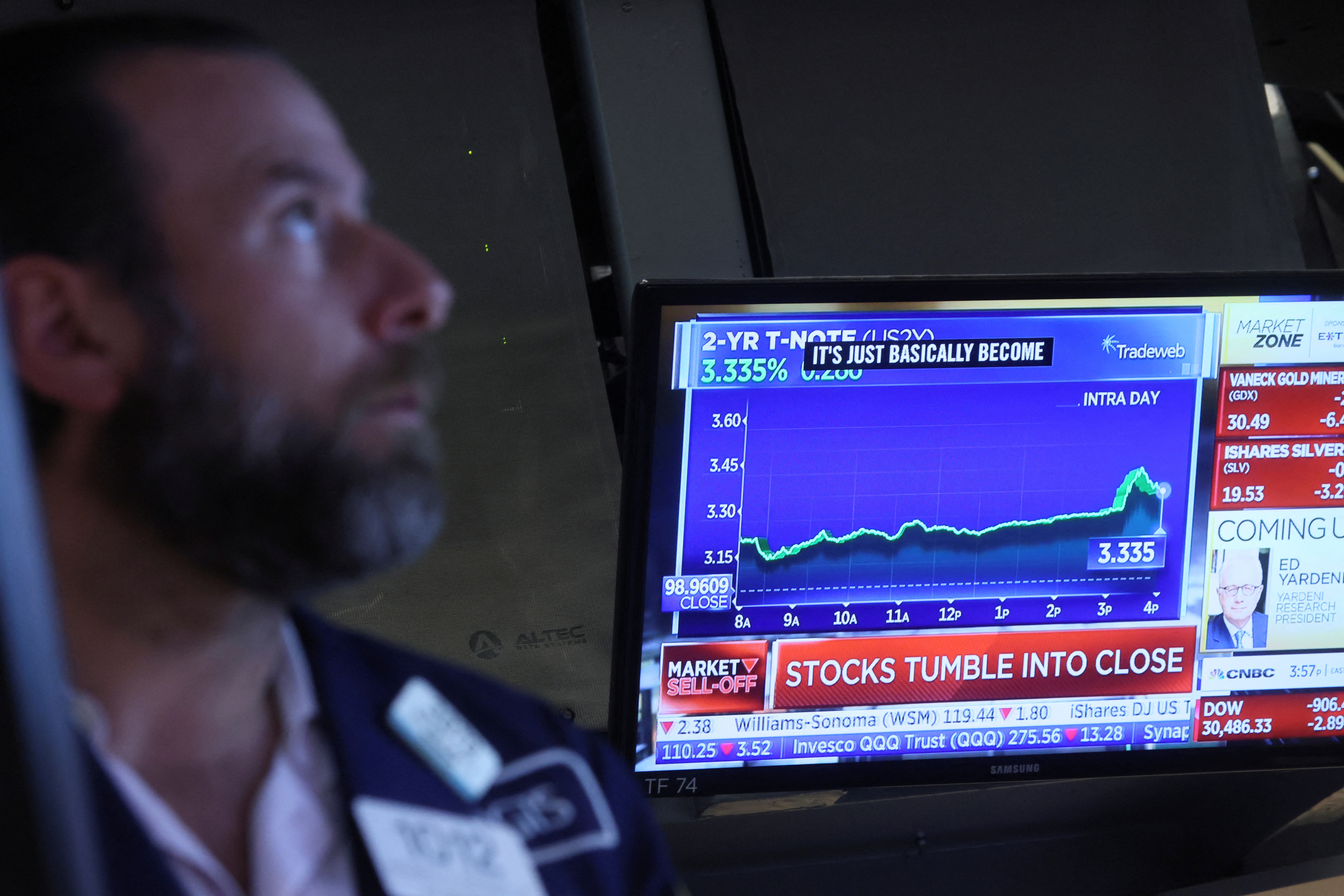 A trader works on the floor of the New York Stock Exchange on June 13, 2022.