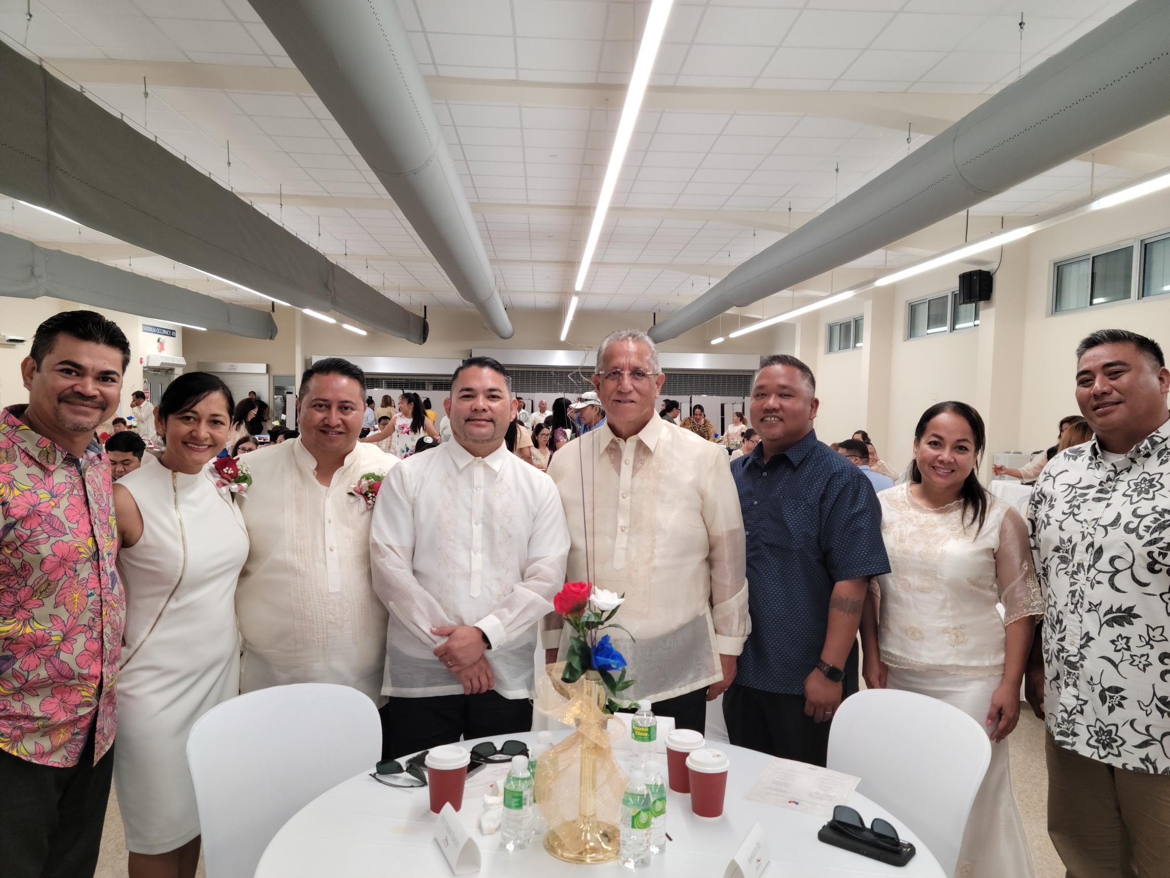 From left, Rep. Roy Ada, first lady Diann Torres, Gov. Ralph DLG Torres, Senate Floor Leader Vinne Sablan, Rep. Joseph Leepan T. Guerrero, House Minority Leader Angel Demapan, Grace Sablan and Carl Hocog pose for a photo following the NMI-Philippines Friendship Month proclamation signing in the MHS cafeteria on Sunday.