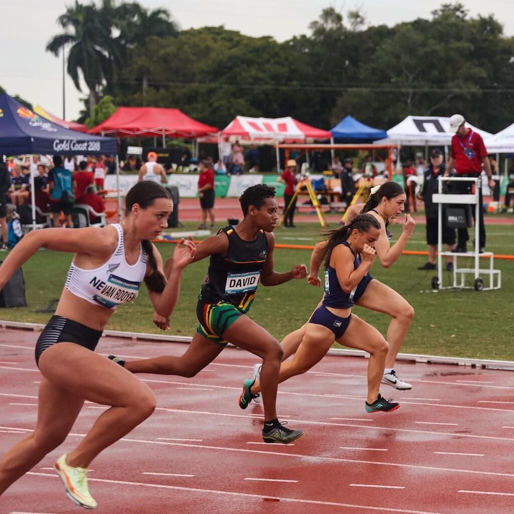 Filomenaleonisa Iakopo, second  right, pushes through at the starting line of the 100m event in the 2022 Oceania Athletics Championships  held in Mackay, Australia last week.