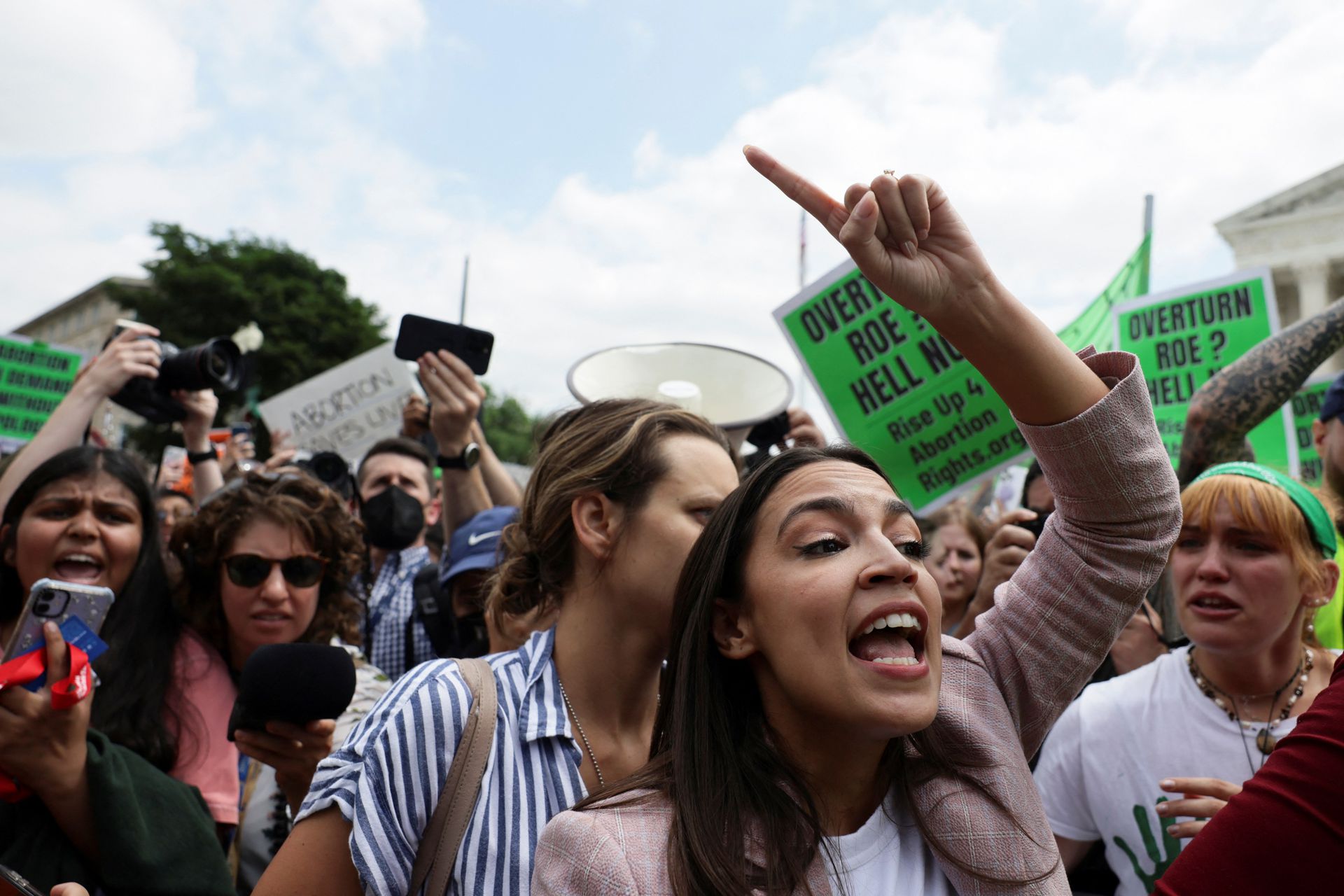 U.S. Rep. Alexandria Ocasio-Cortez, D-NY, gestures outside the United States Supreme Court as the court rules in the Dobbs v Women’s Health Organization abortion case, overturning the landmark Roe v Wade abortion decision in Washington, D.C., June 24, 2022.
