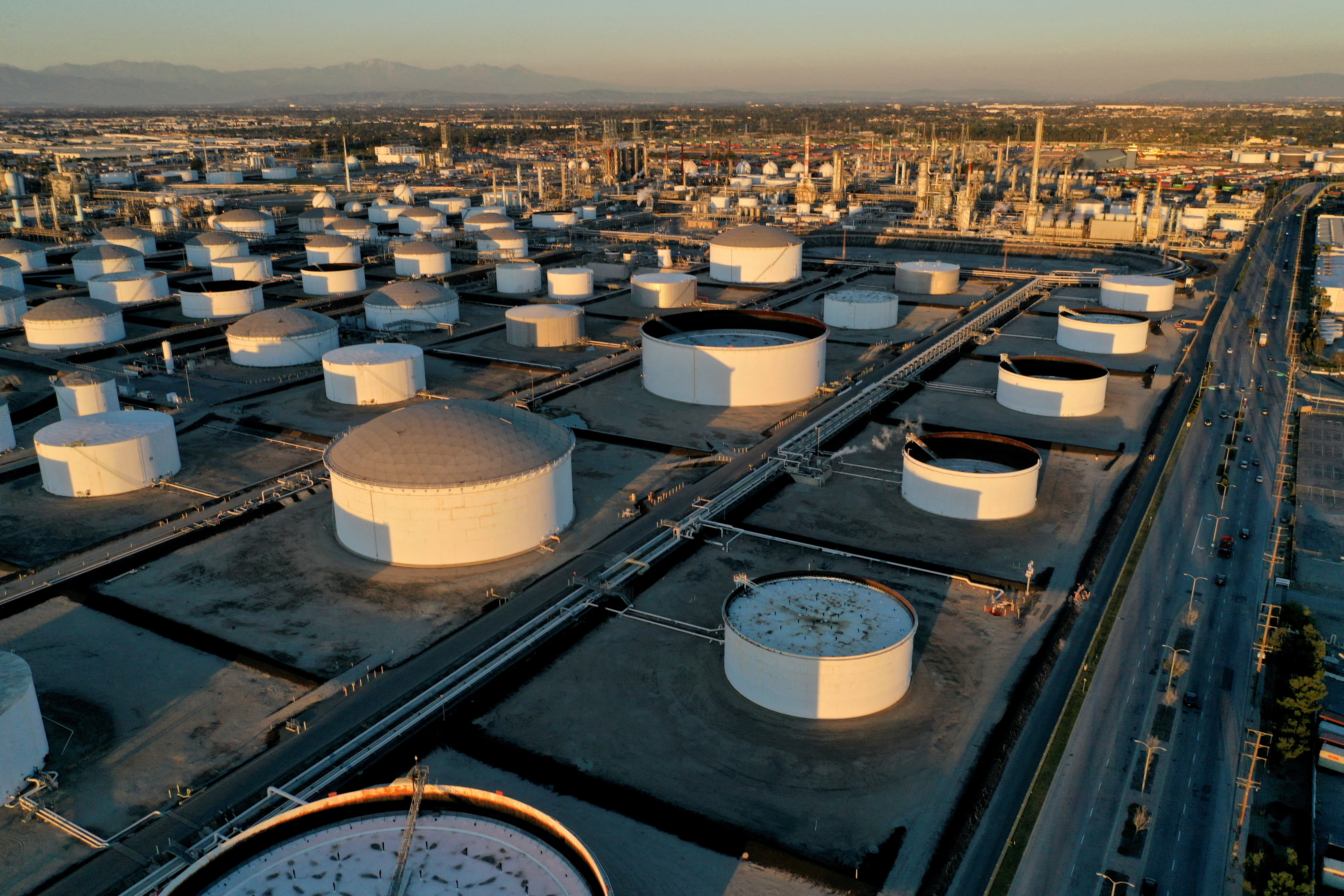 Storage tanks are seen at Marathon Petroleum's Los Angeles Refinery, which processes domestic & imported crude oil, in Carson, California, March 11, 2022. Picture taken with a drone.