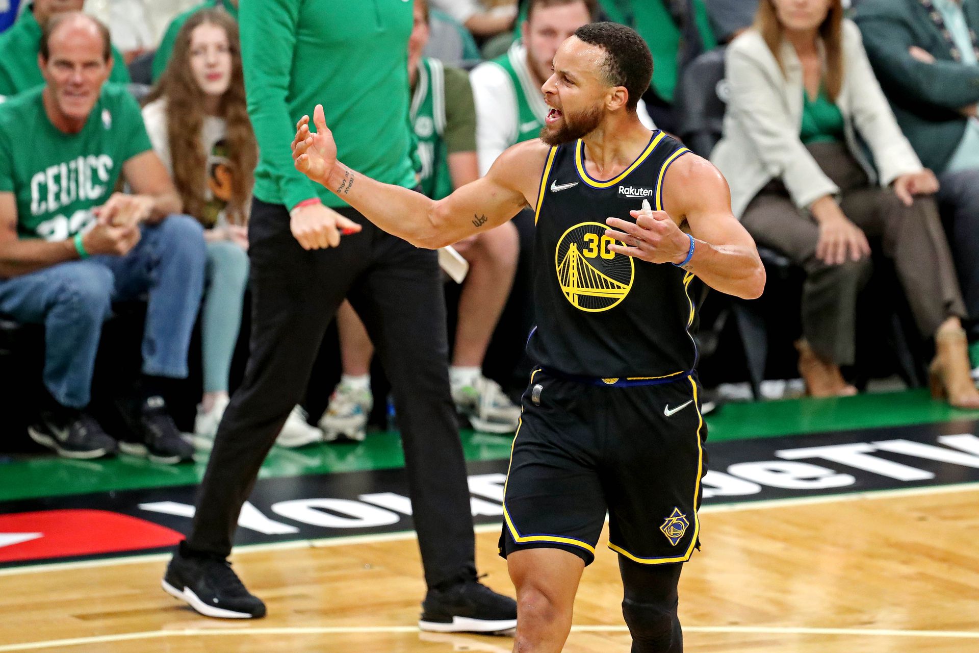 Golden State Warriors guard Stephen Curry (30) reacts after a play during the first quarter against the Boston Celtics during game four of the 2022 NBA Finals at TD Garden in Boston, Massachusetts on June 10, 2022.