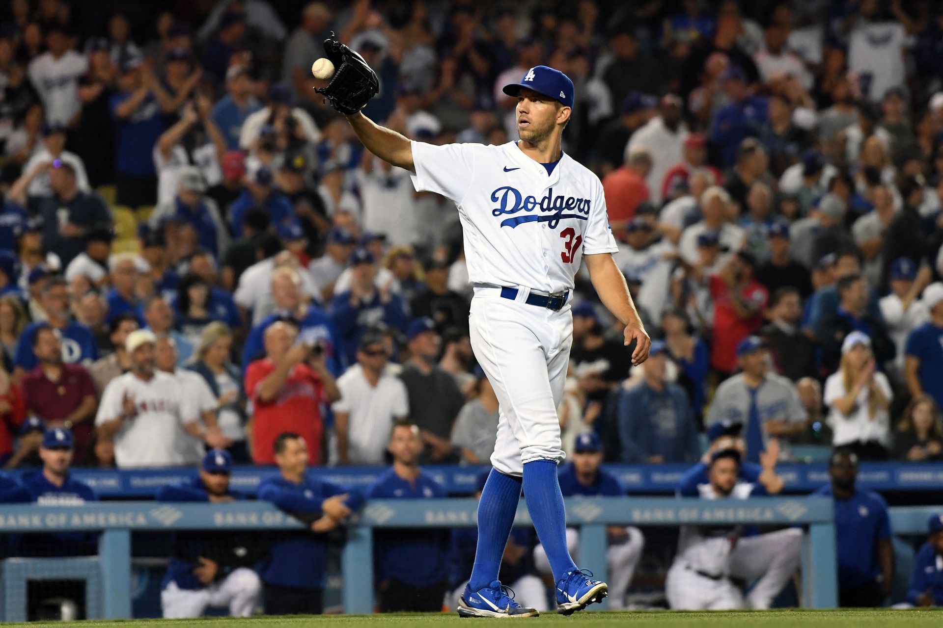 Los Angeles Dodgers starting pitcher Tyler Anderson (31) reacts after a triple by Los Angeles Angels starting pitcher Shohei Ohtani (17) in the ninth inning at Dodger Stadium in Los Angeles, California on June 15, 2022.