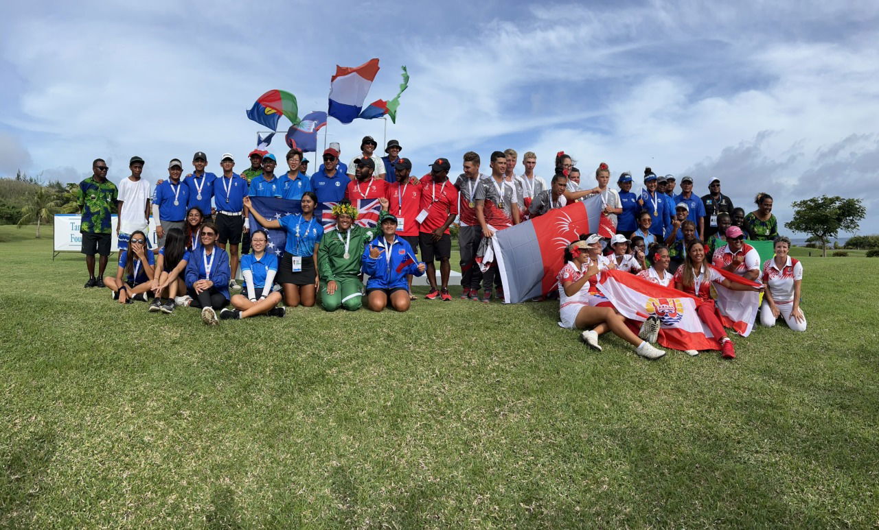 The participants of the 2022 Pacific Mini Game golf event pose for a photo during the awards ceremony at Coral Ocean Resort on Friday.