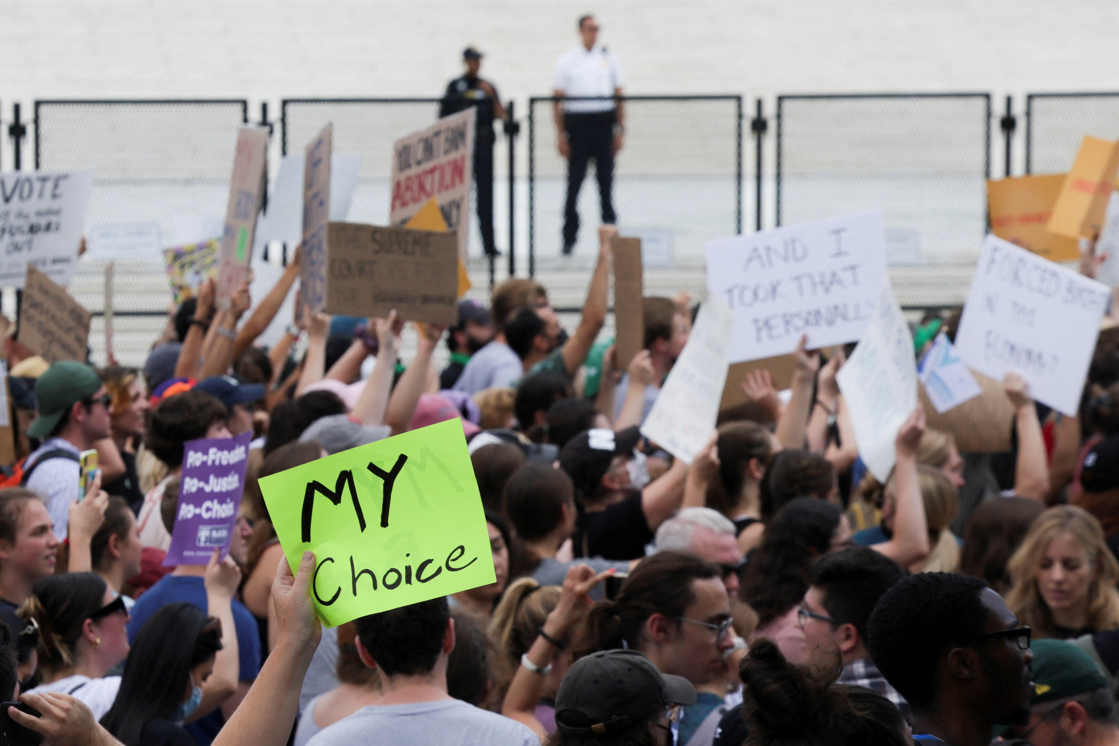 Abortion rights demonstrators protest outside the United States Supreme Court as the court rules in the Dobbs v Women's Health Organization abortion case, overturning the landmark Roe v Wade abortion decision in Washington, D.C., June 24, 2022.